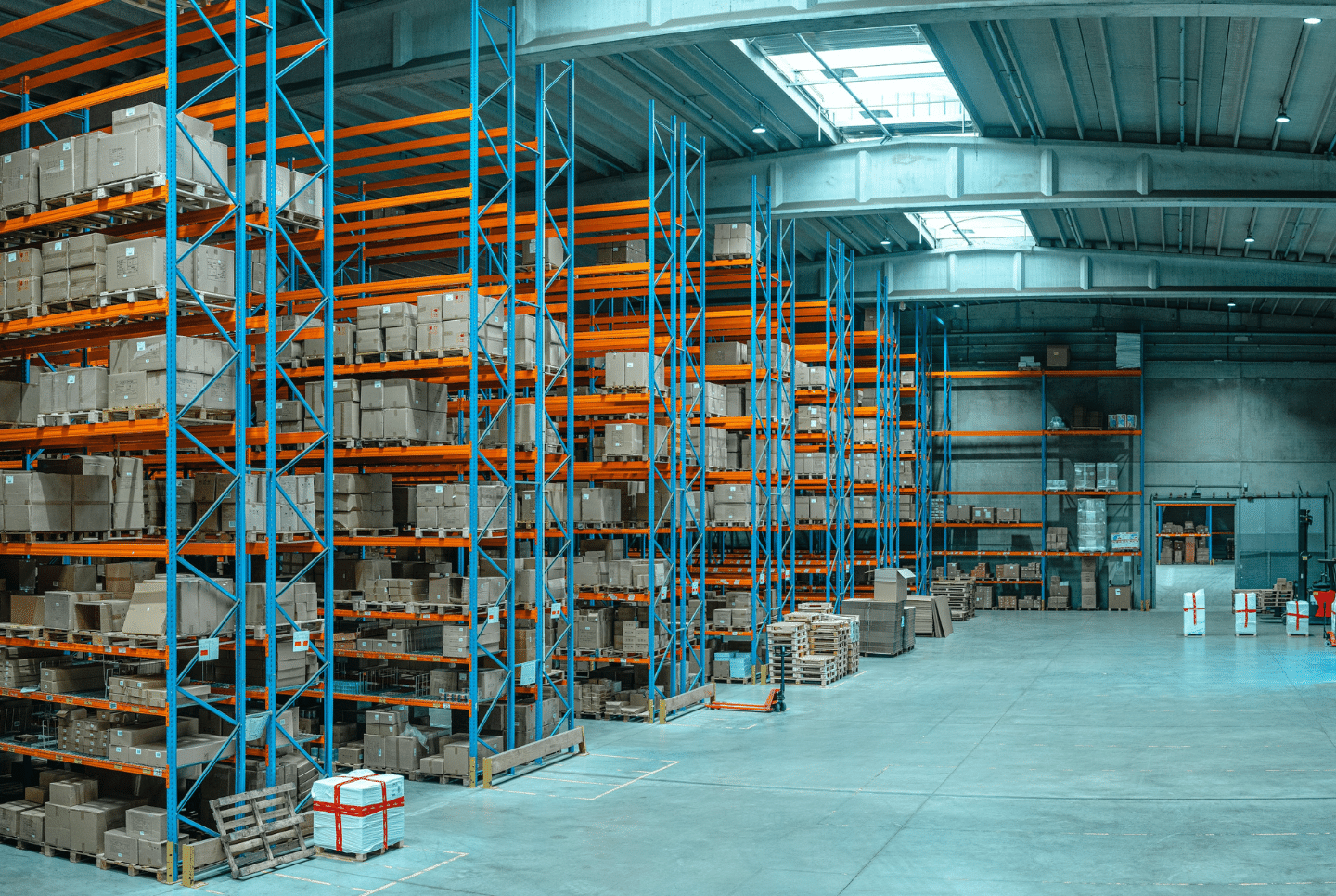 Warehouse with concrete floors and rows of product.