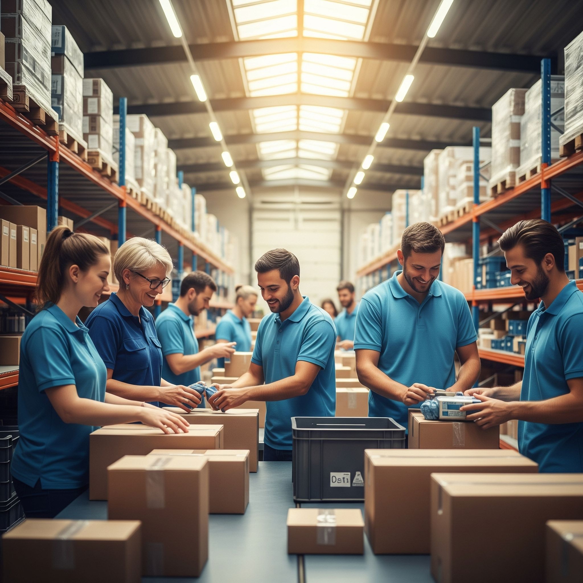 Content employees handling packages at a warehouse.