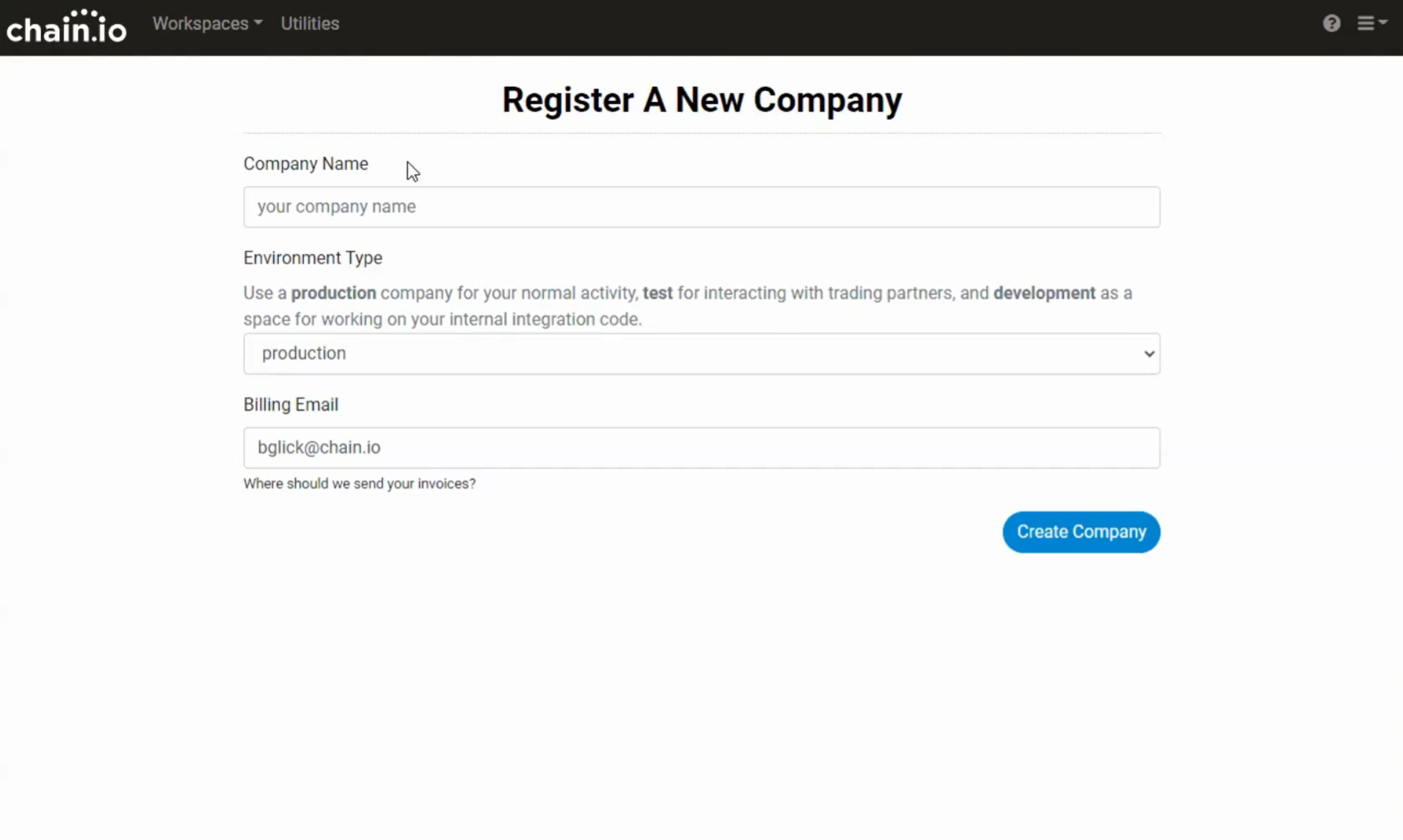 register a new company in the chain.io portal