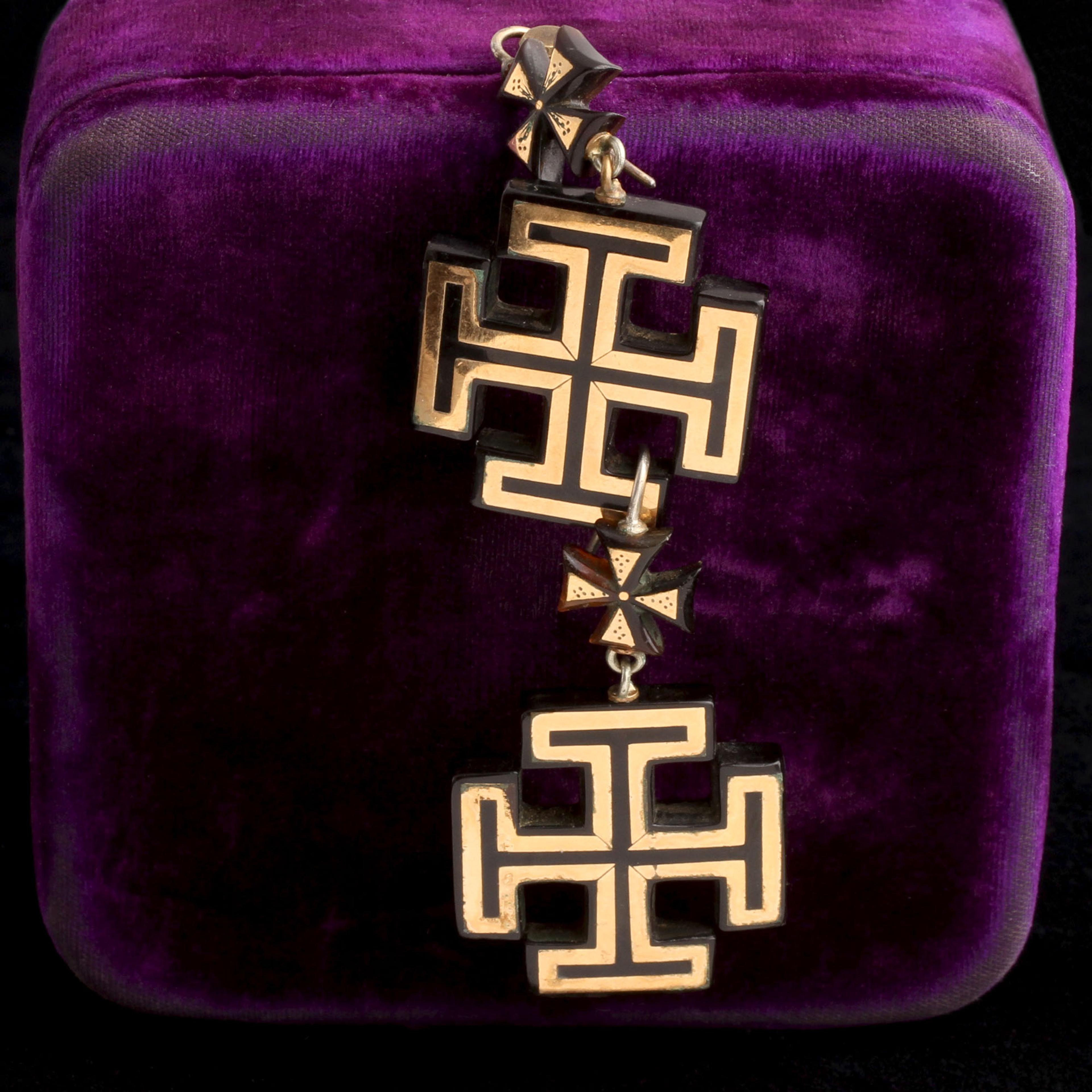Detail of Victorian Pique Maltese and Jerusalem Cross Earrings