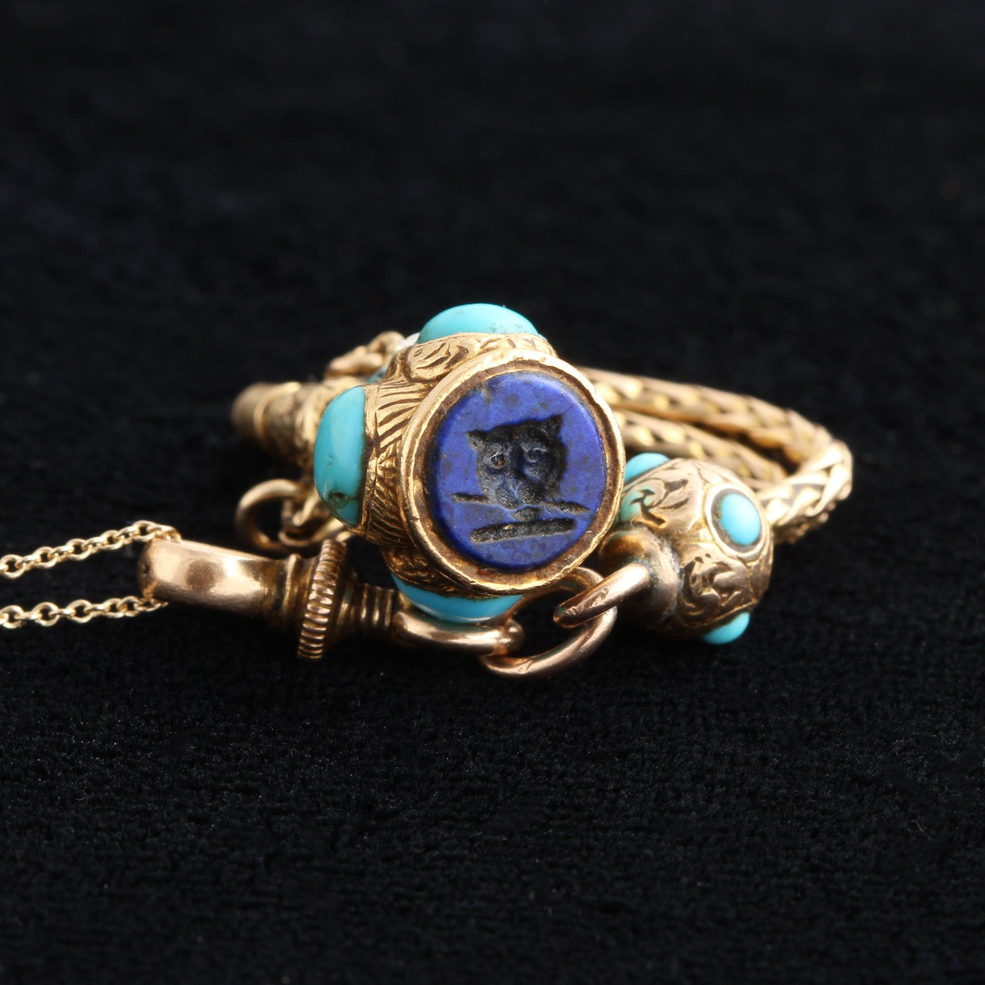 Georgian Turquoise Watch Key with Lapis Cat Intaglio