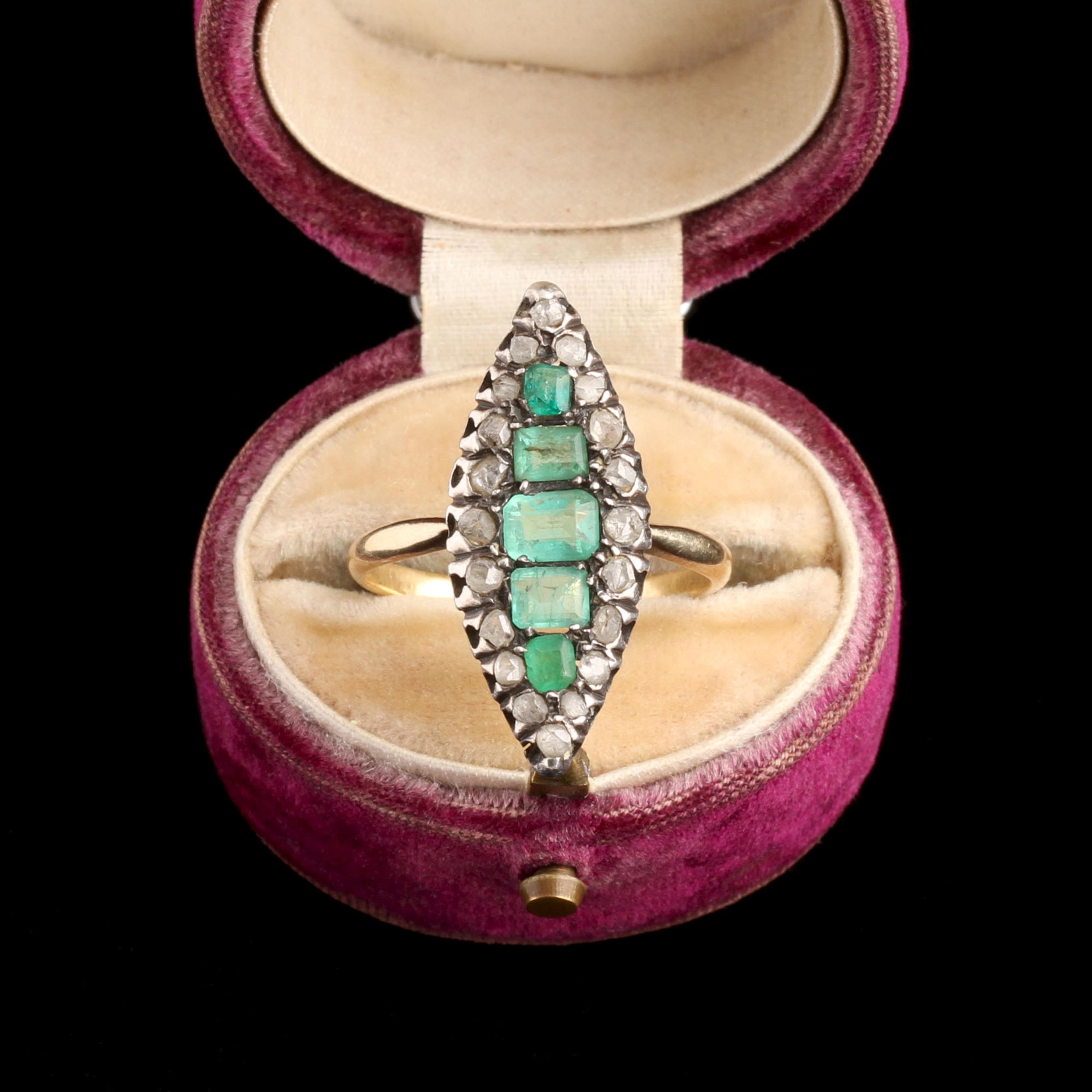 Mid 19th Century French Emerald & Diamond Navette Ring