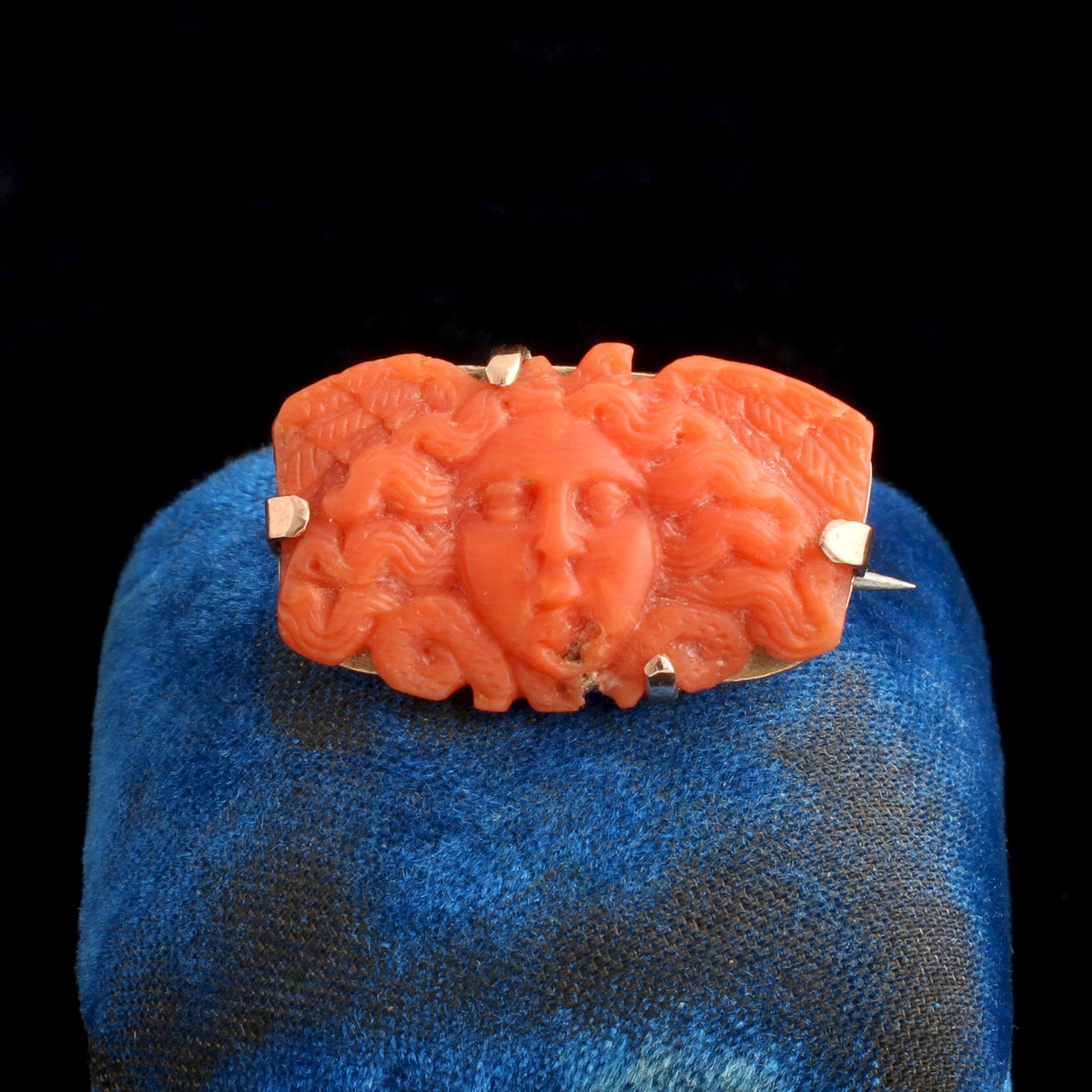 19th Century Carved Coral Medusa Brooch