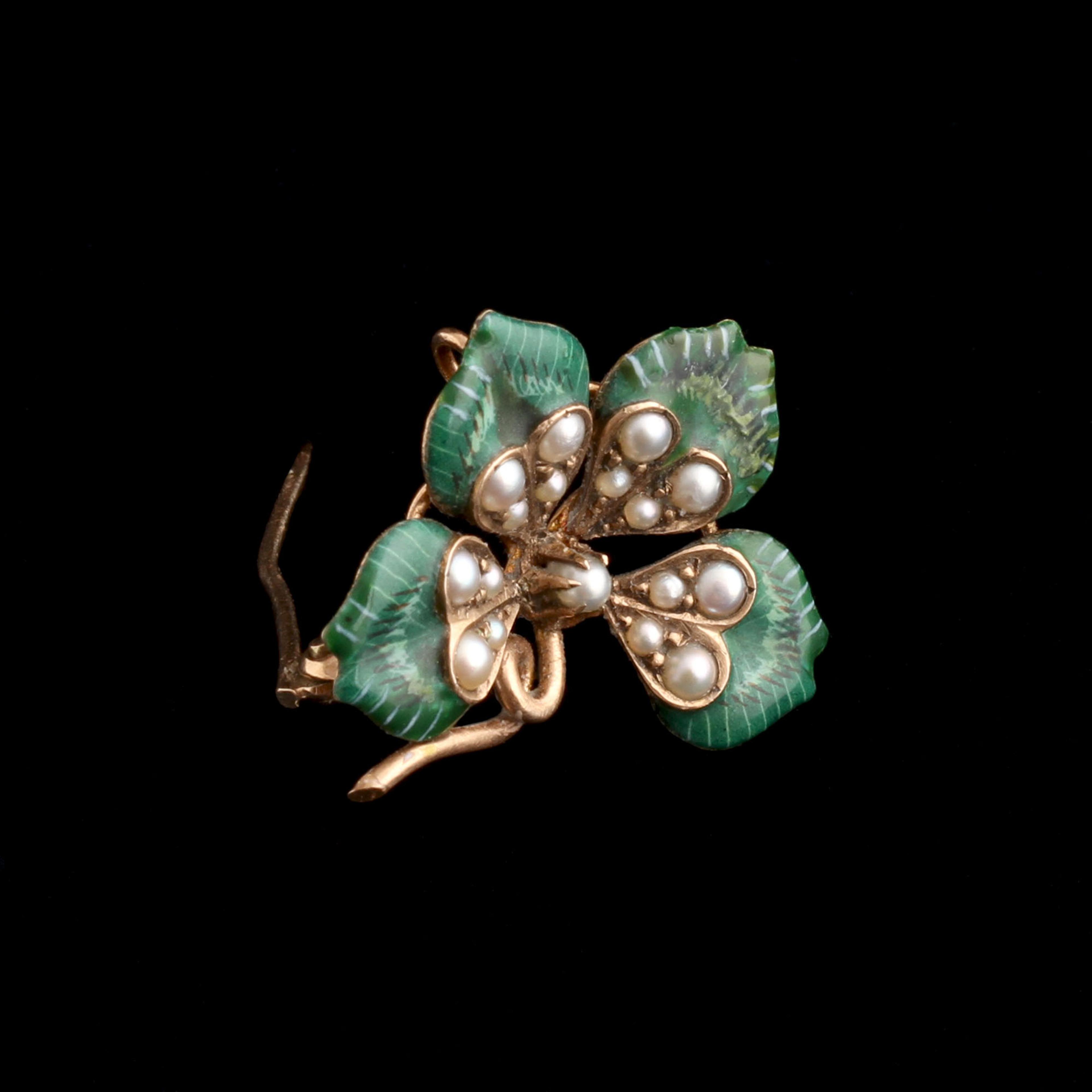 Detail of Victorian Enamel & Pearl Clover Pendant & Brooch