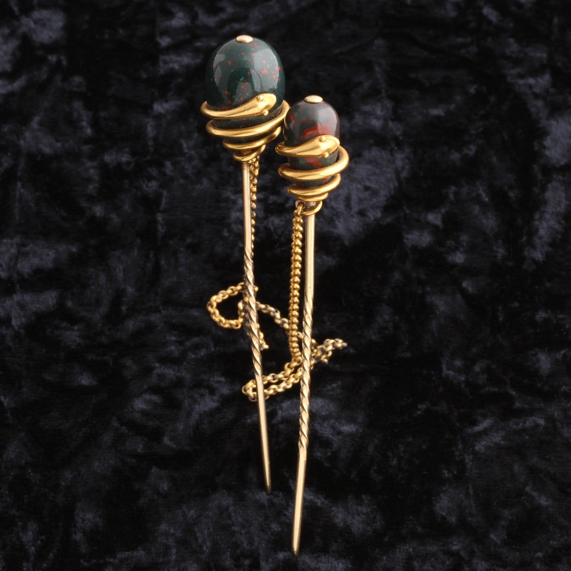 Detail of Victorian Coiled Snake & Bloodstone Cloak Pins