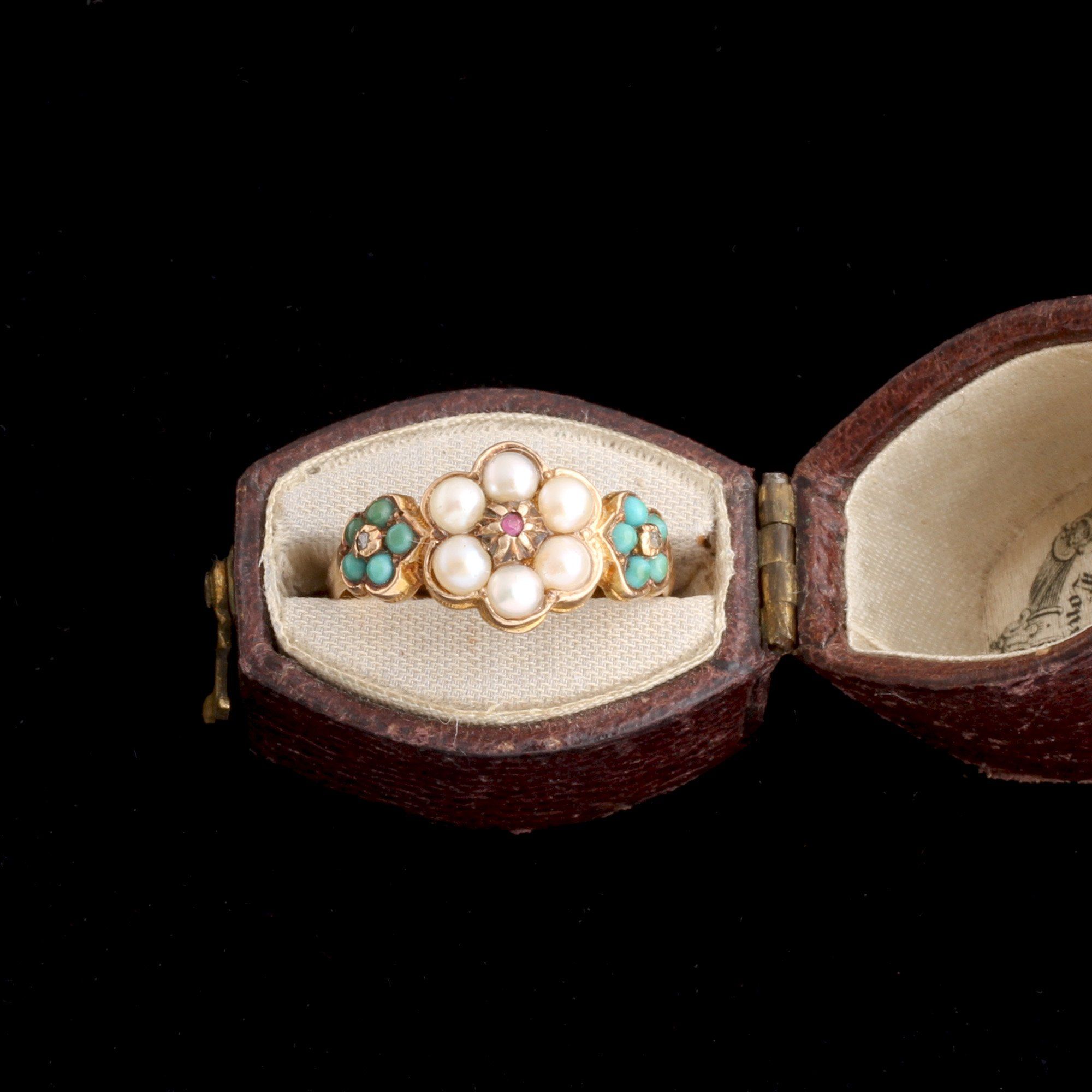 Victorian Pearl & Turquoise Cluster Ring