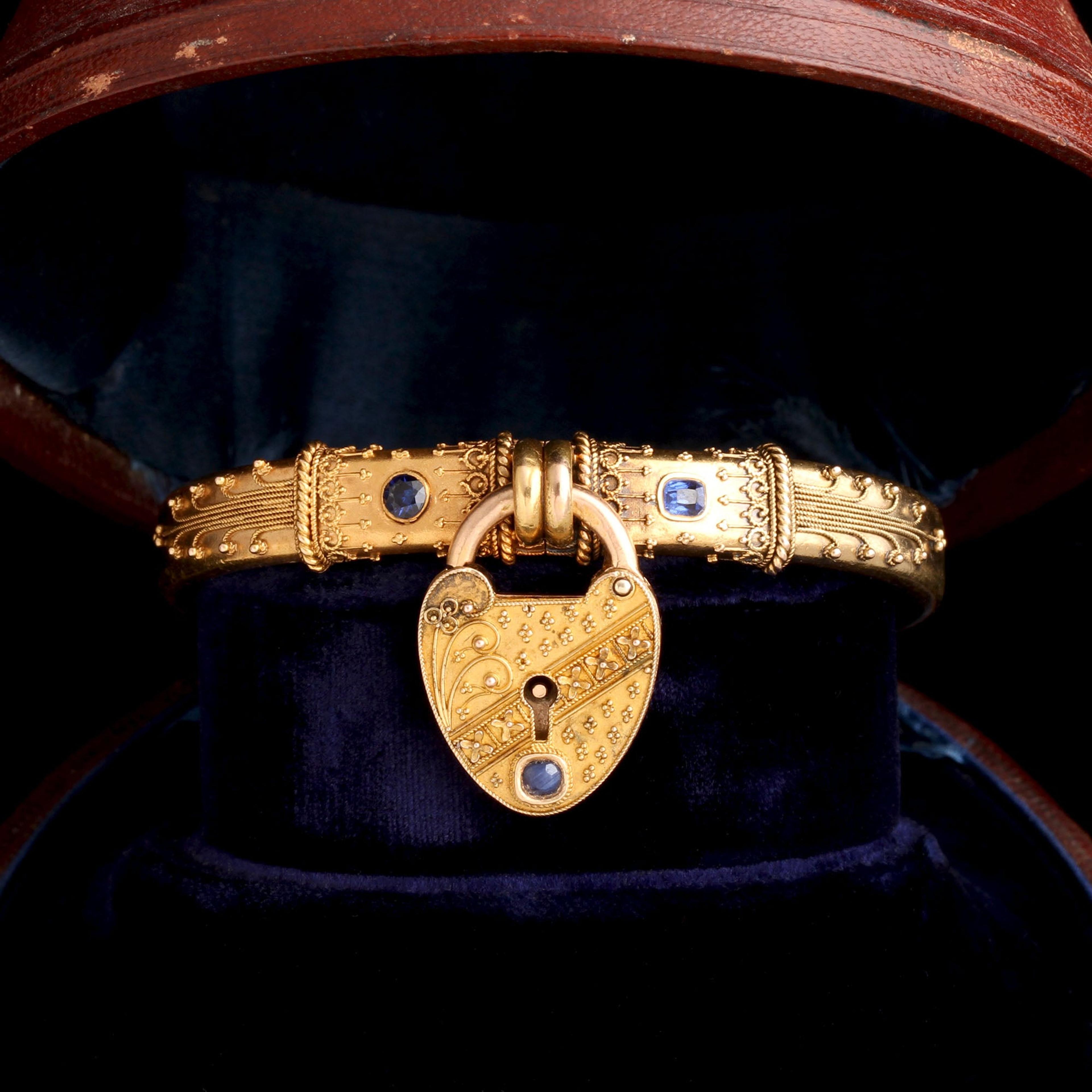 Mid Victorian Heart Padlock Sapphire Bangle