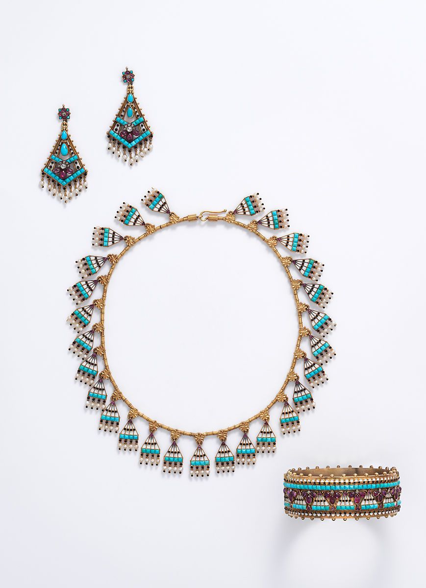 Egyptian Revival demi-parure, ca 1865, Carlo Giuliano, in the collection of the Metropolitan Museum of Art