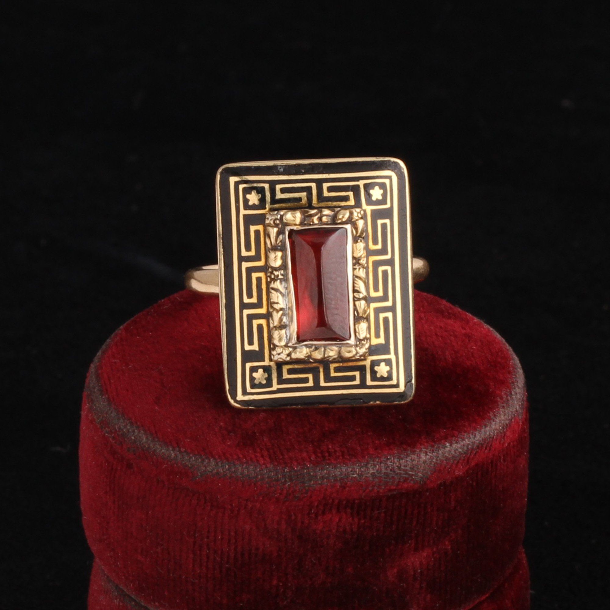 Georgian Enamel Greek Key and Garnet Ring