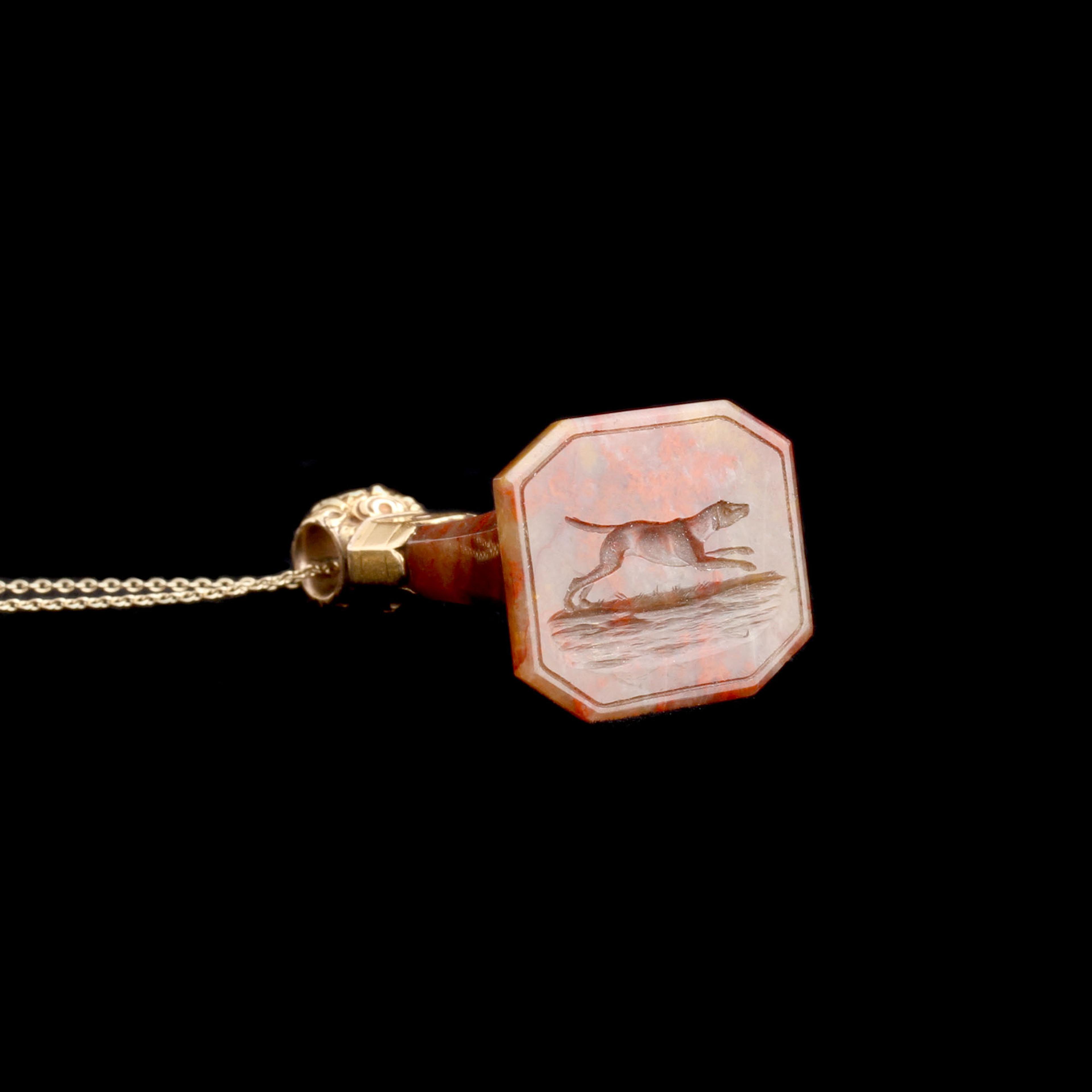 Georgian Red Moss Agate Dog Seal Necklace