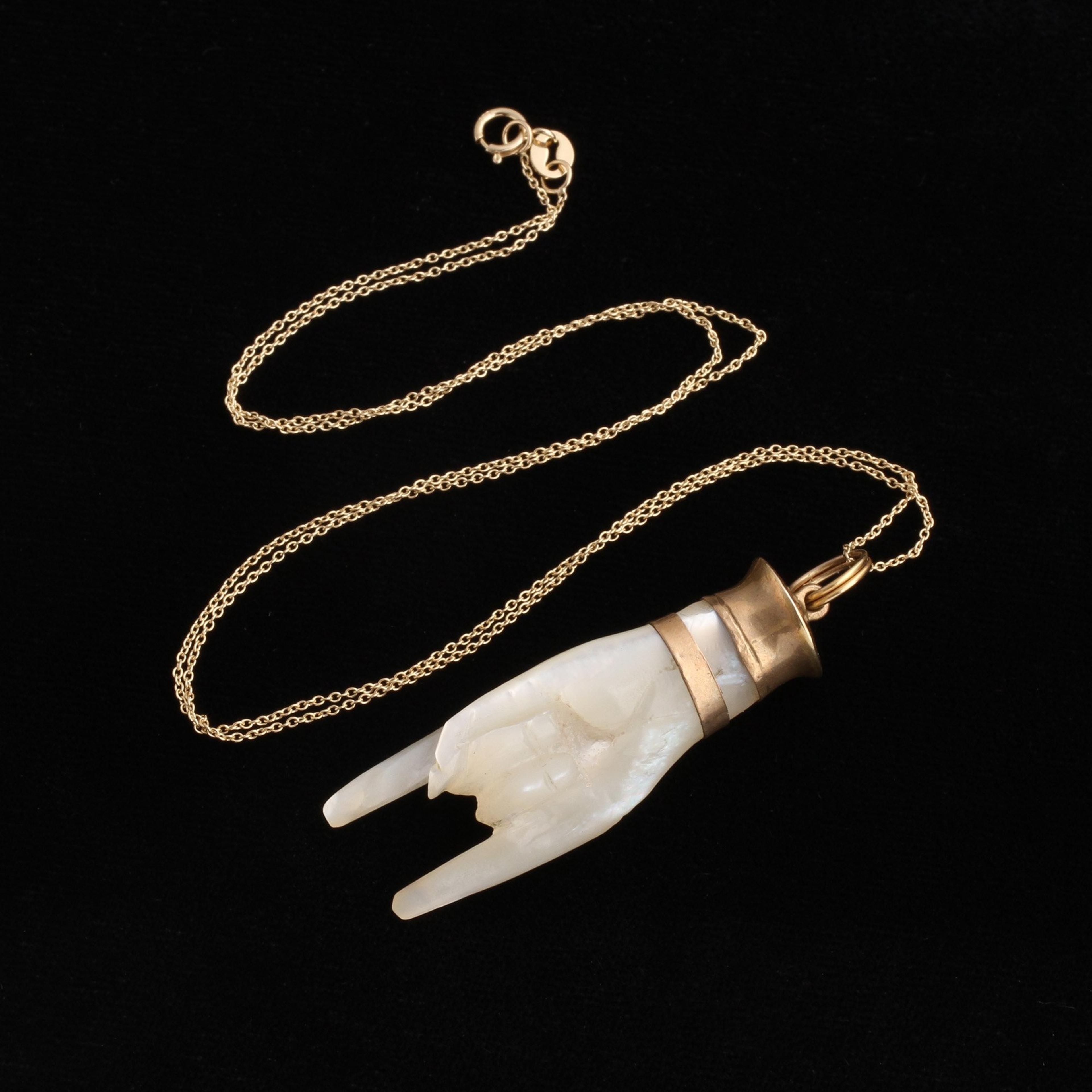 Detail of Victorian Mother of Pearl Mano Cornuto Necklace
