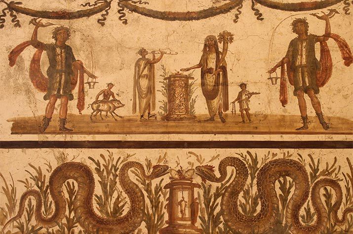 Snakes as guardians appear in a lararium (household shrine). In these niches, offerings of fruit and eggs were often brought for the snake deities. Preserved from the ruins of Pompeii, now in the Naples Archaeological Museum. 