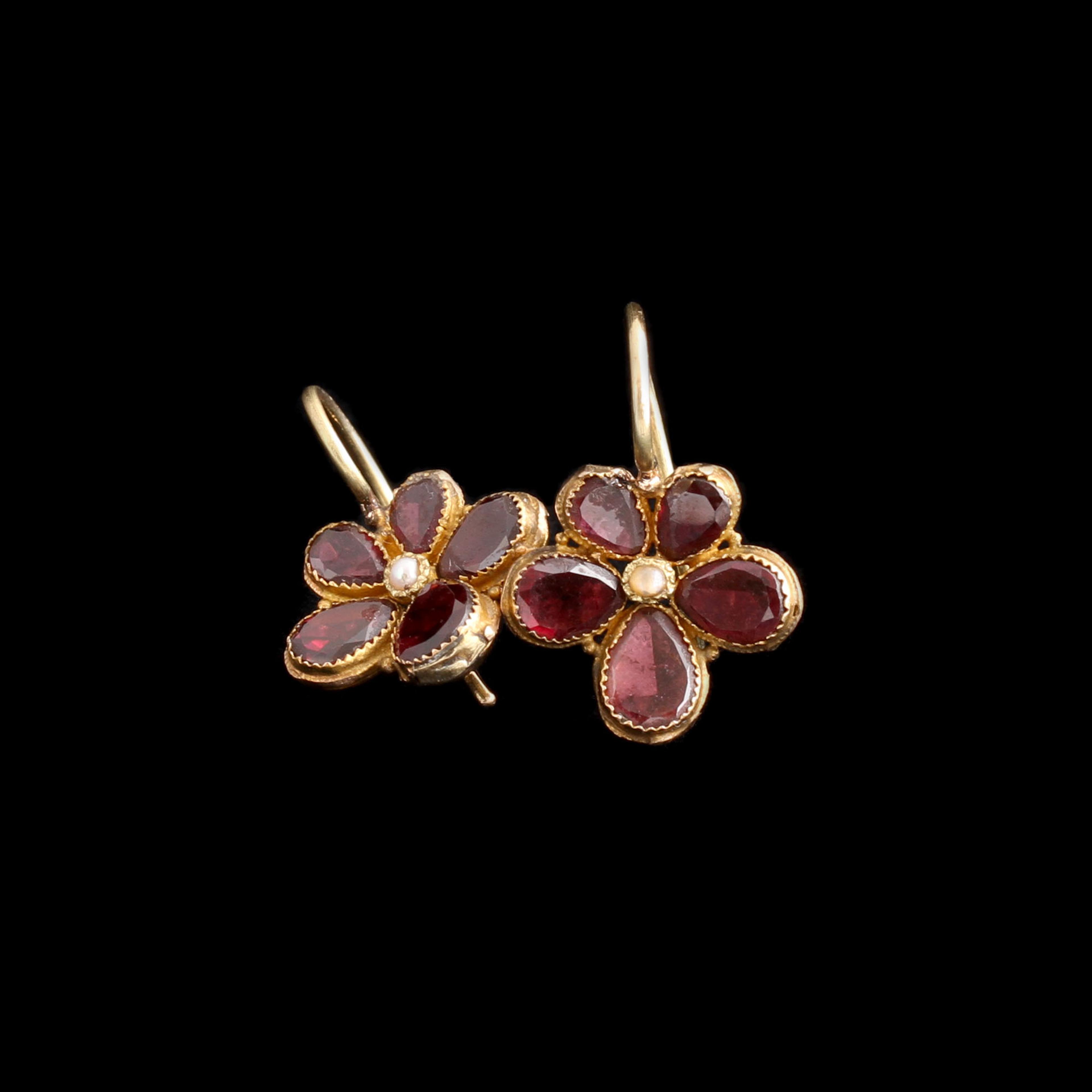 Georgian Garnet & Pearl Pansy Earrings