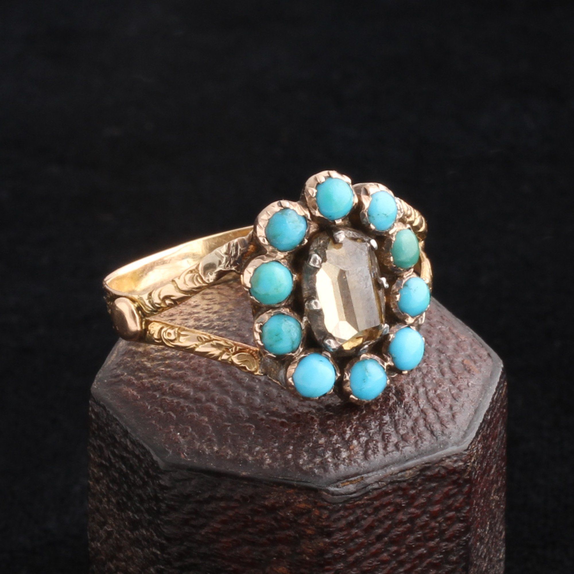 Georgian Table Cut Diamond & Turquoise Cluster Ring
