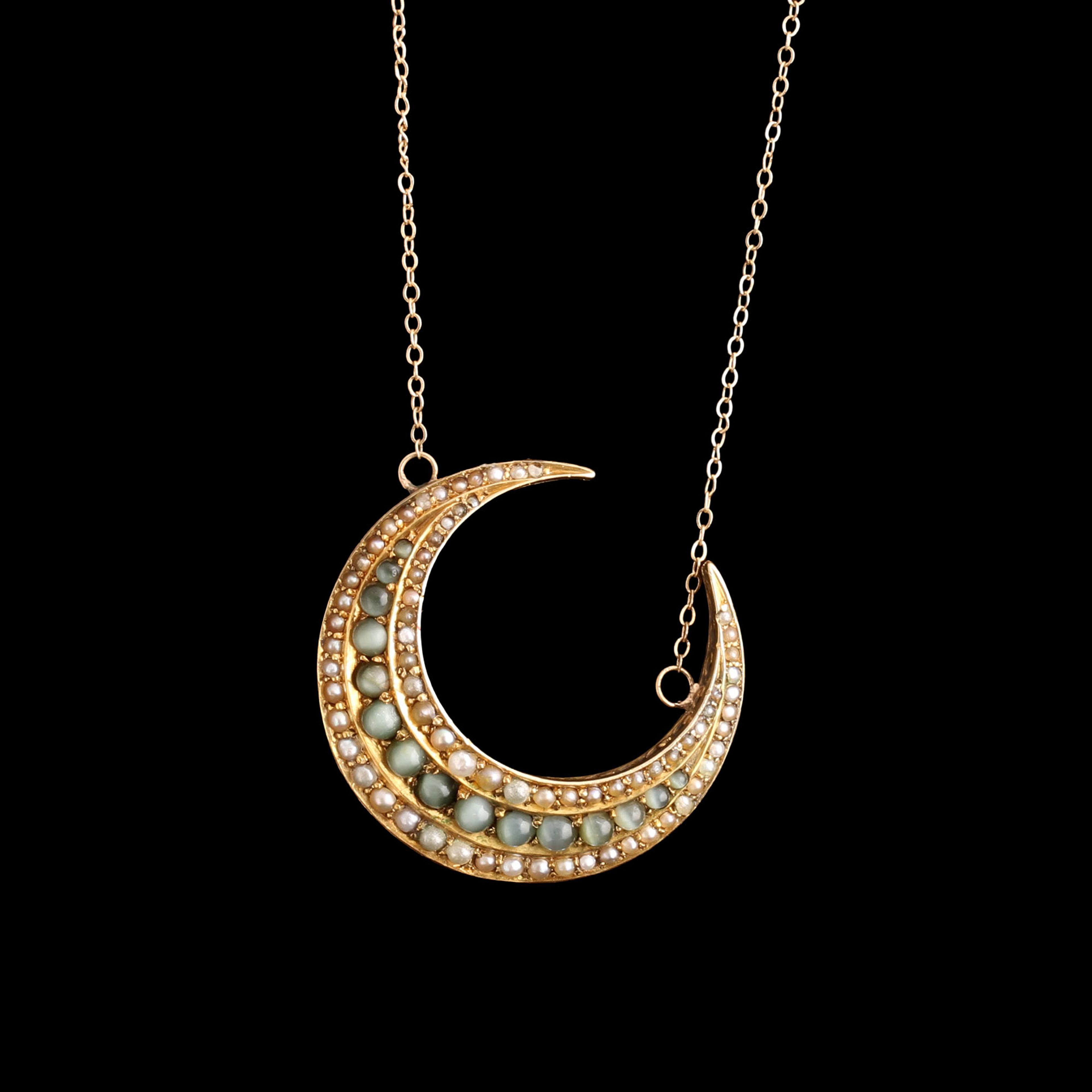 Victorian Cat's Eye Chrysoberyl & Pearl Crescent Moon Necklace