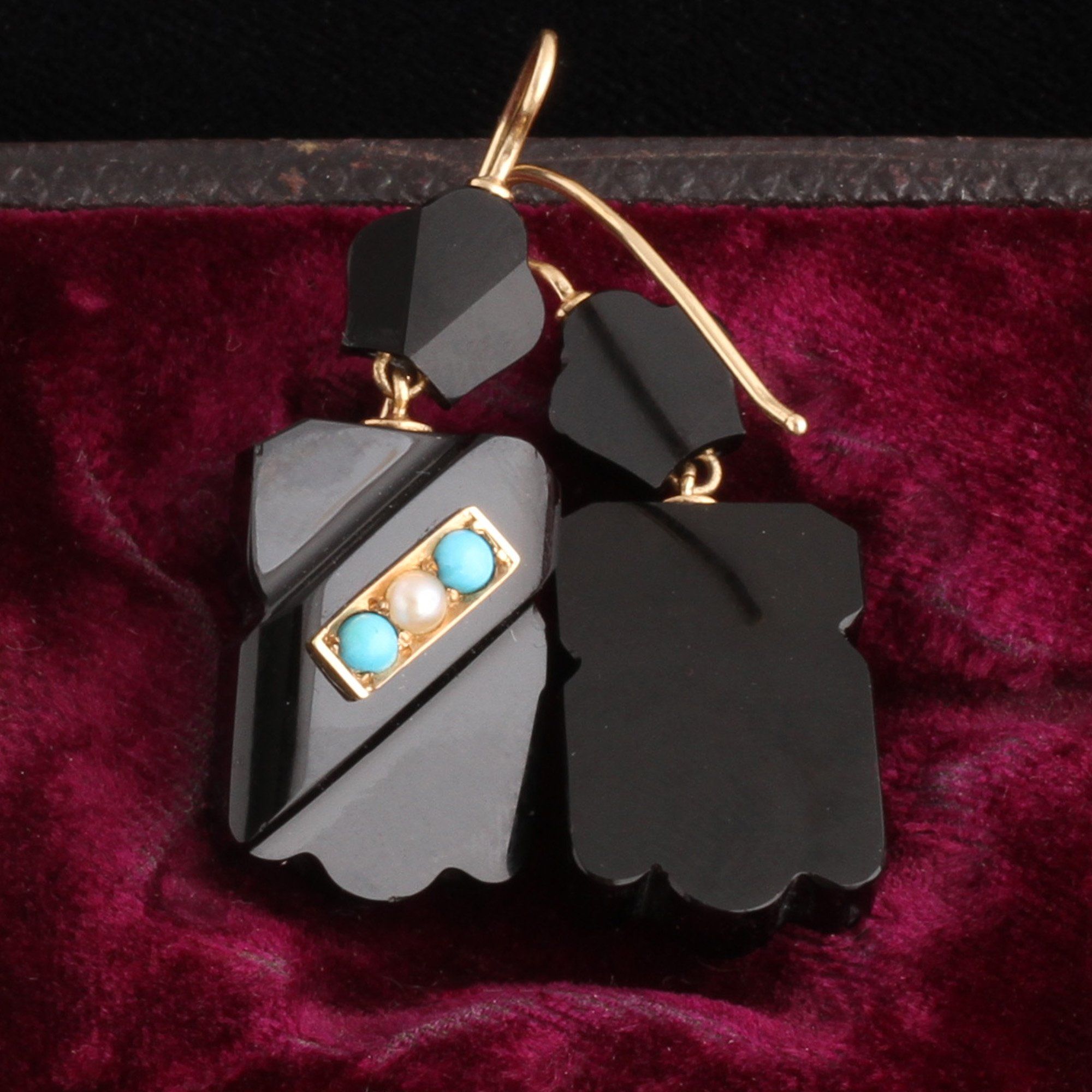 Victorian Onyx, Turquoise & Pearl Earrings