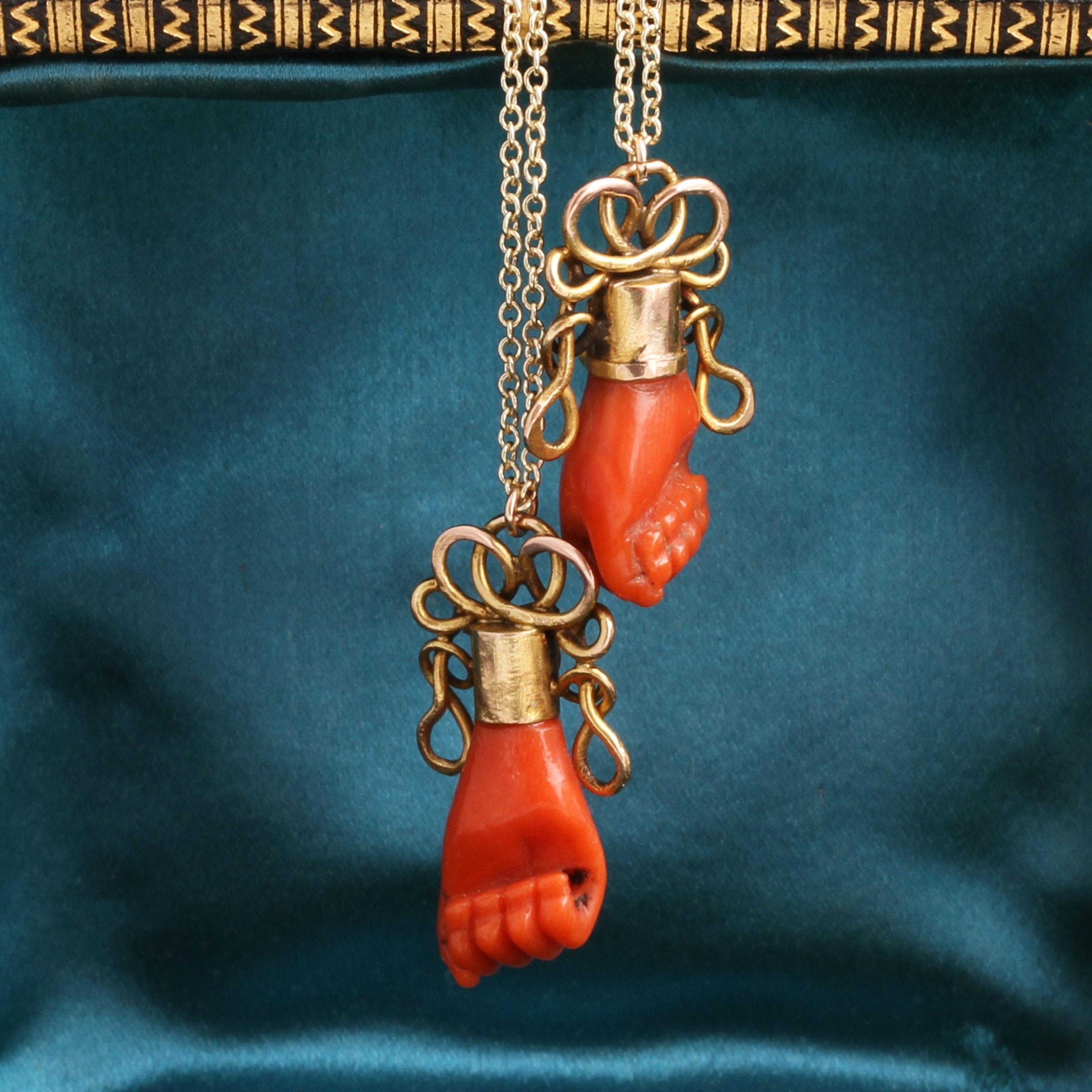 Detail of Victorian Carved Coral Fist in Ornate Gold Mounting