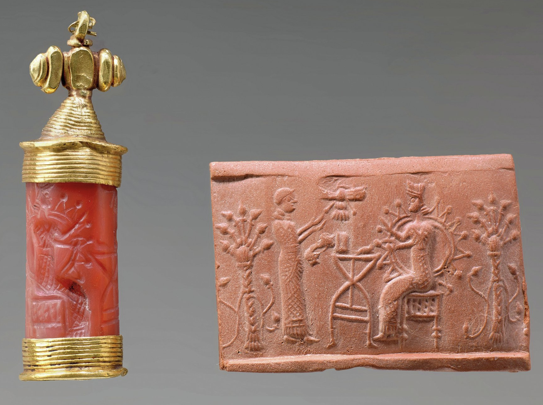 A Neo-Babylonian seal with a gold cap that allowed it to be worn. Cylinder Seal with an Offering to a Deity, about 1000-539 B.C. Musée du Louvre, Le département des Antiquités. featured in the Getty Villa exhibition, "Mesopotamia: Civilization Begins." 