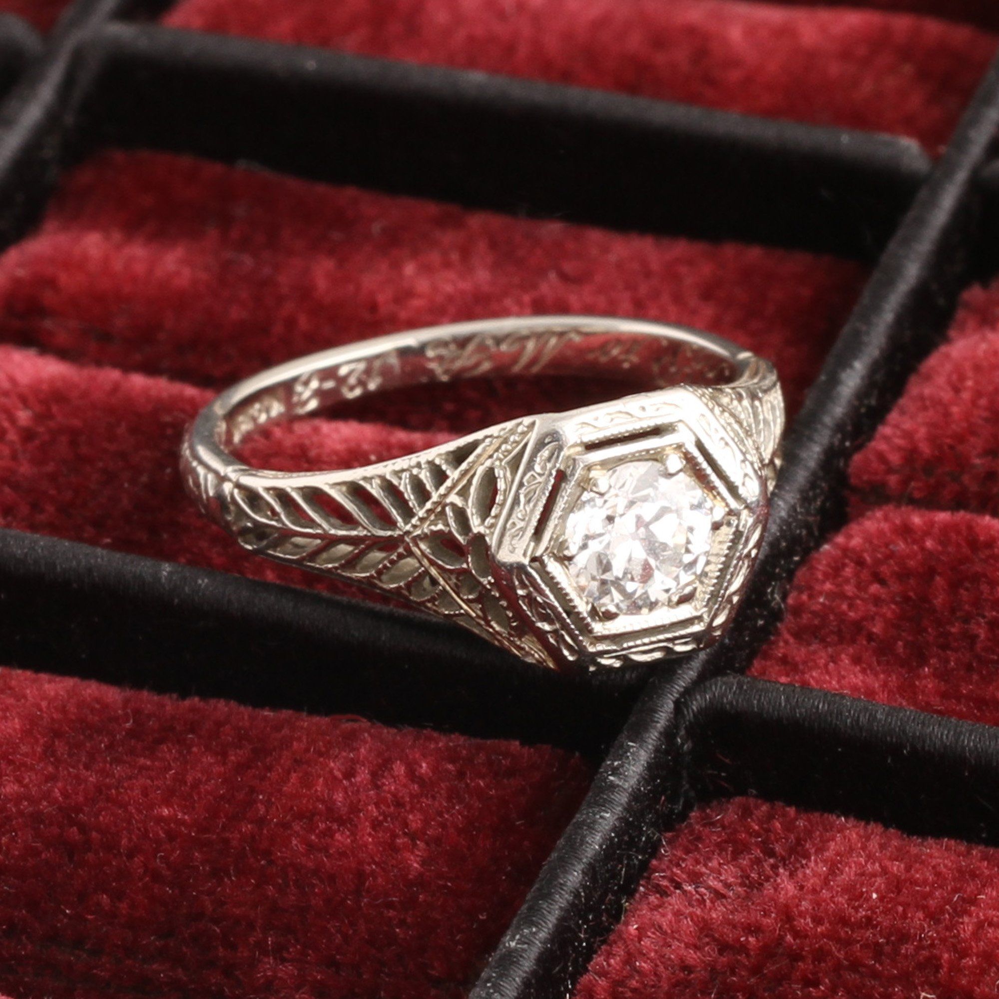 Art Deco White Gold Filigree .50ct Old Mine Cut Diamond Engagement Ring