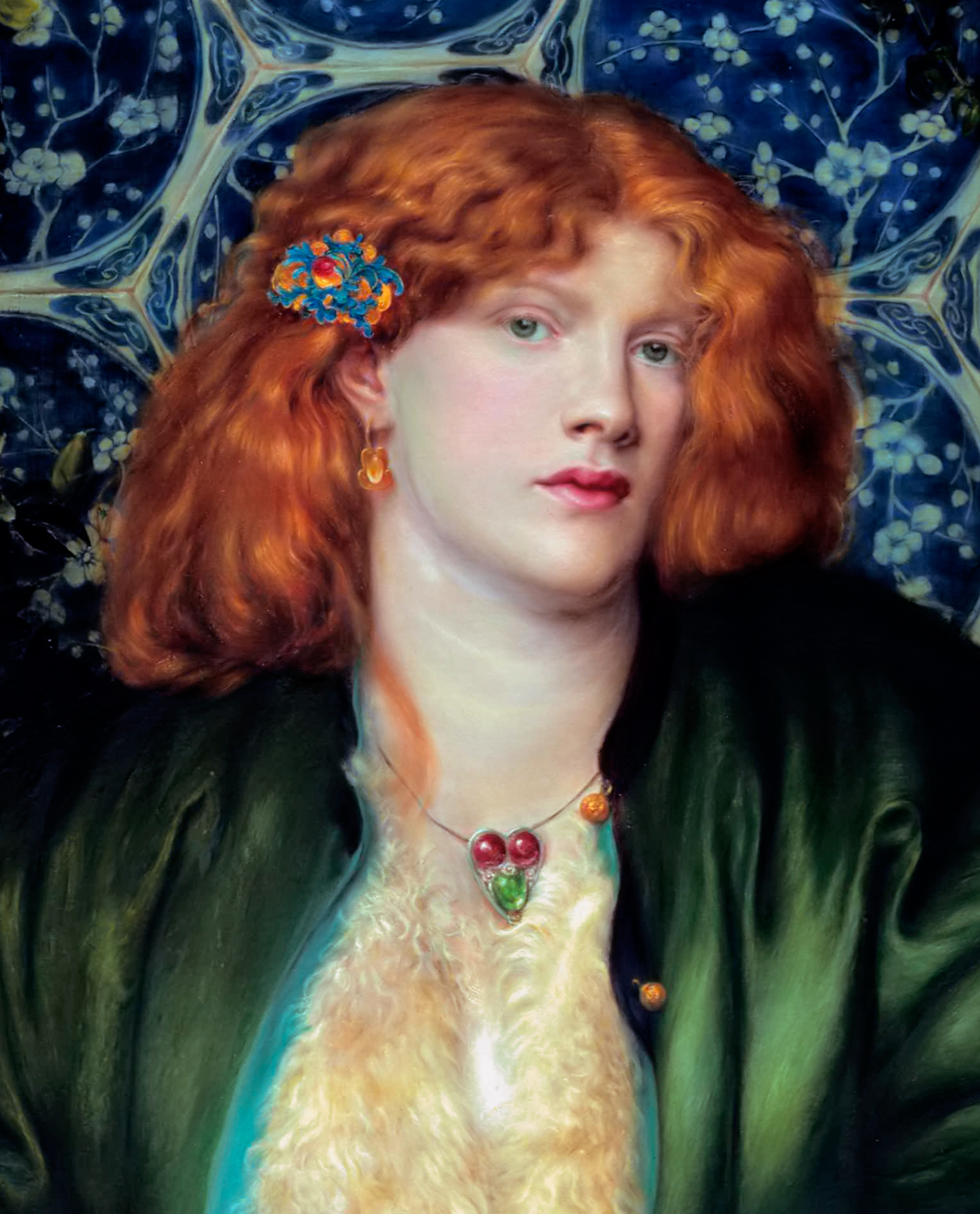 A portrait of Dante Gabriel Rossetti's mistress, Fanny Cornforth. Fanny is wearing the heart pendant that Rossetti later gave to Jane Morris, 1865. Rossetti. The Barber Institute of Fine Arts.