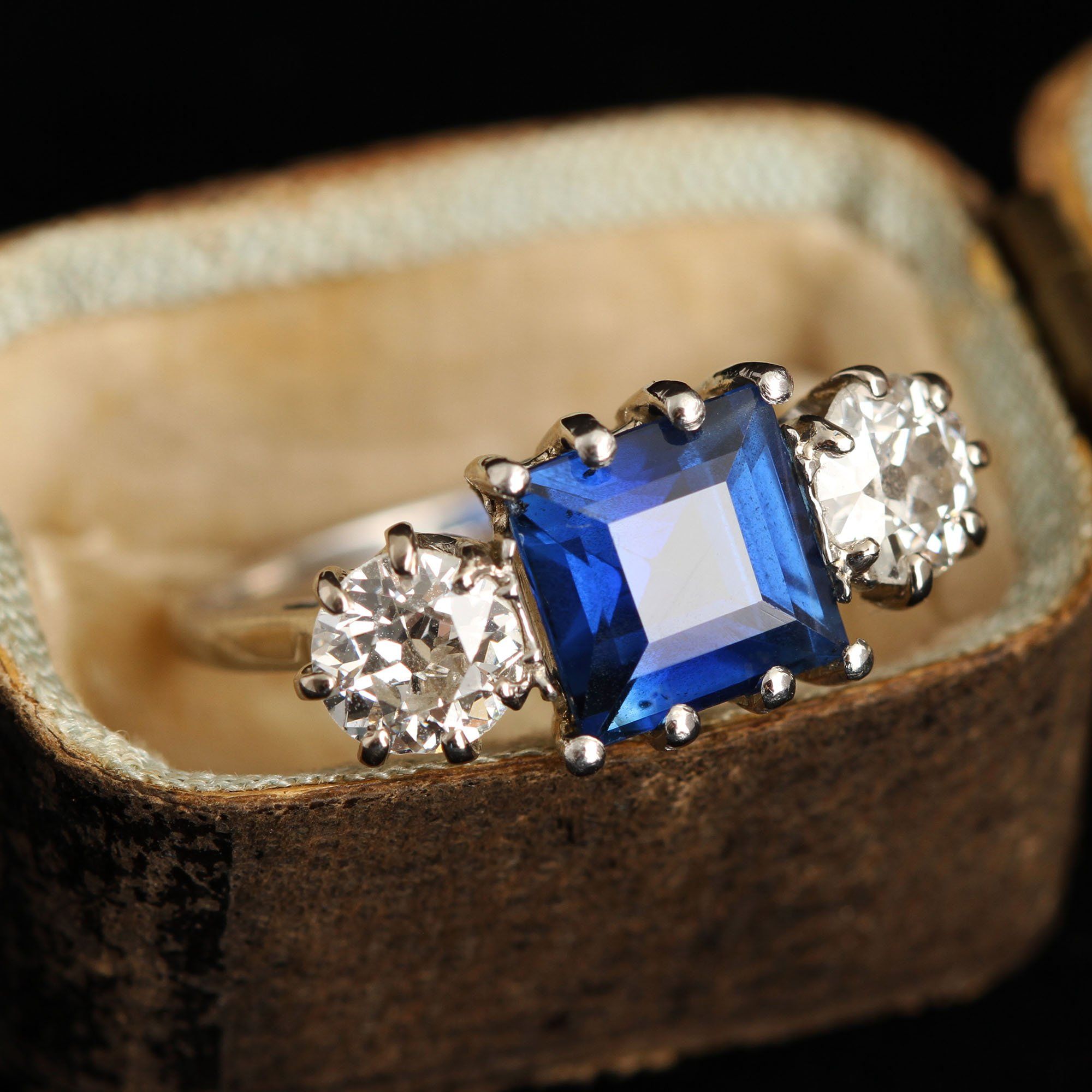 Platinum 3.21ct Sapphire and 1.02ctw Old European Cut Diamond Trilogy Ring
