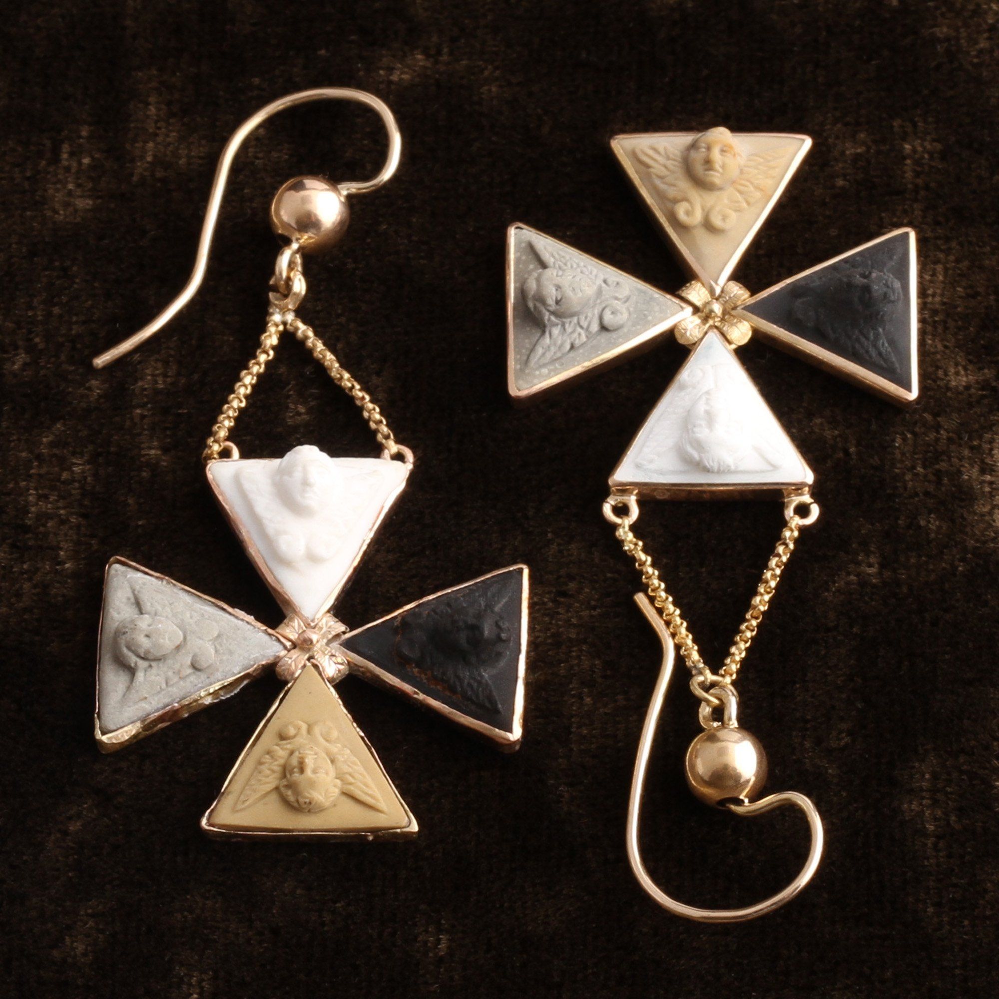 Grand Tour Maltese Cross Earrings with Lava Cameo Cherubs