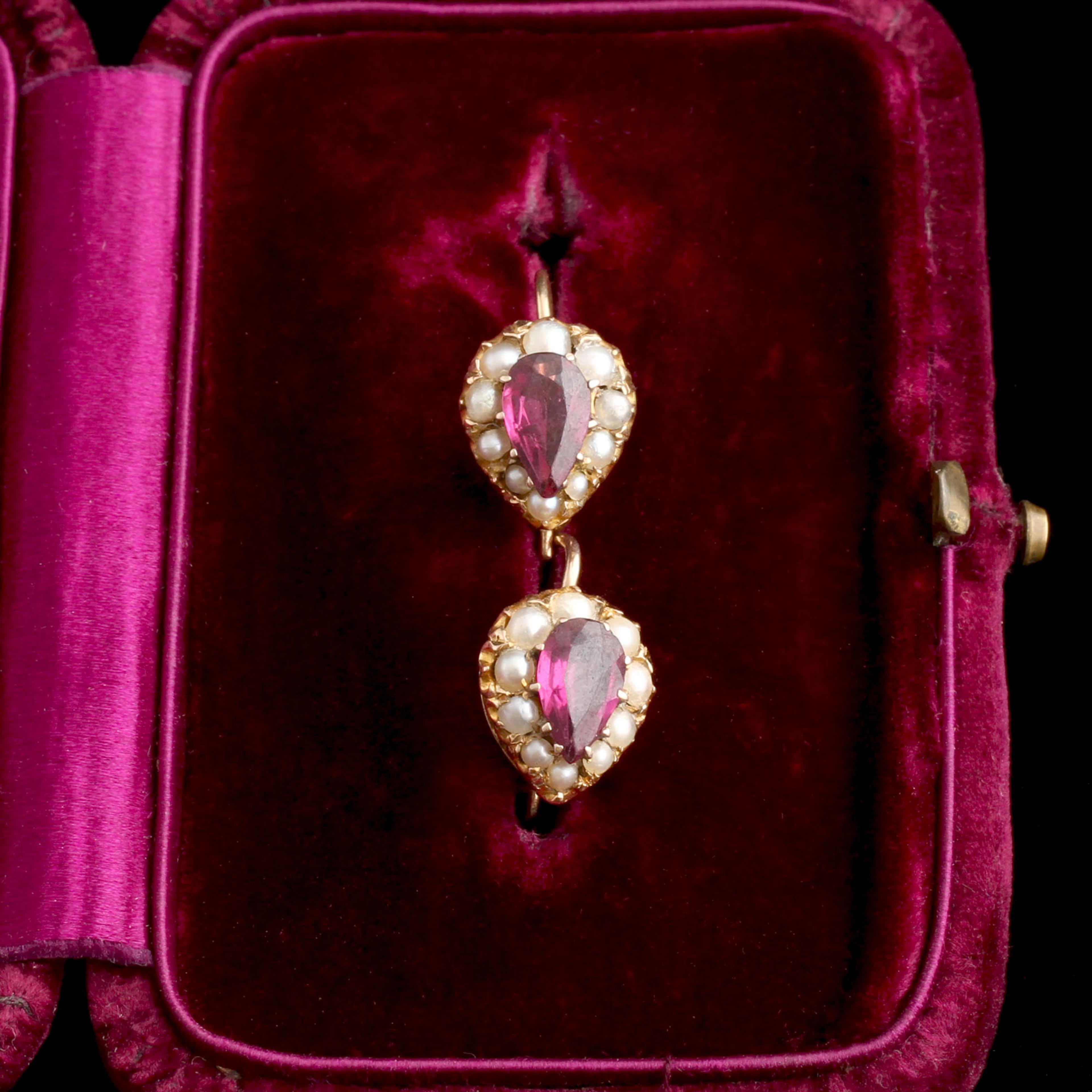Detail of Victorian Garnet & Pearl Heart Cluster Earrings