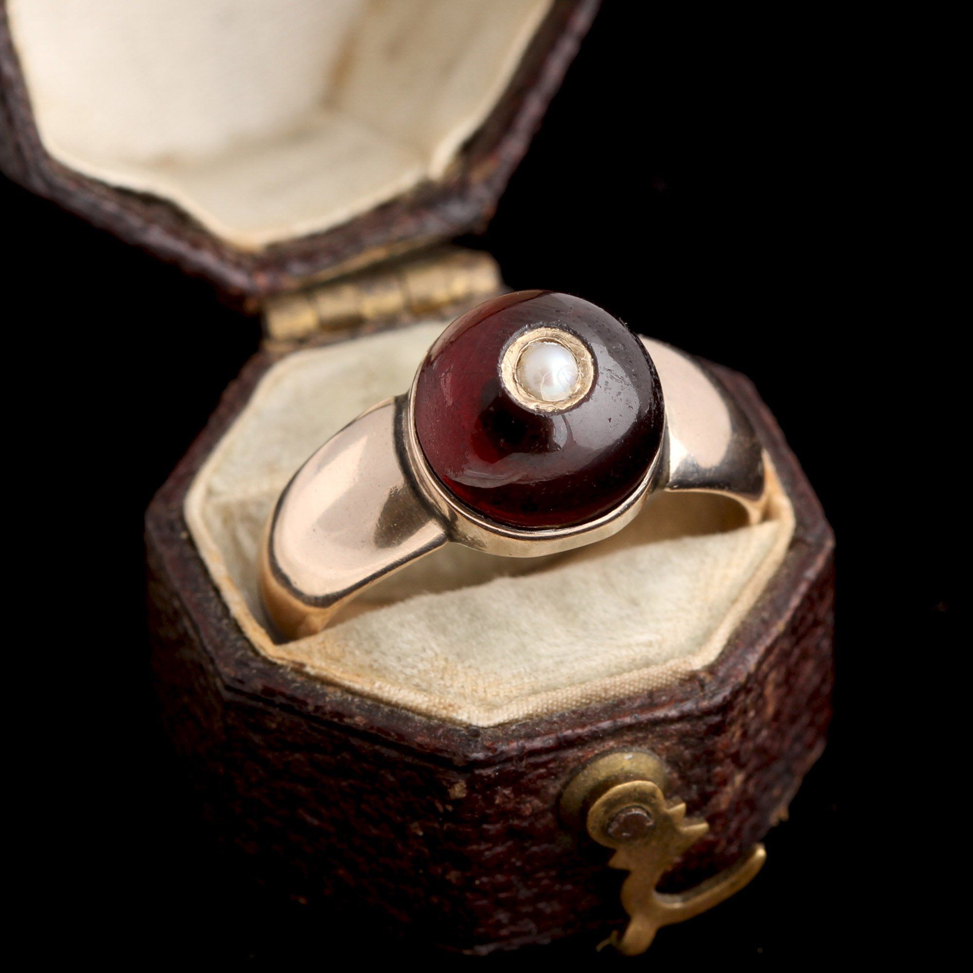 Victorian Garnet Cabochon with Pearl Ring
