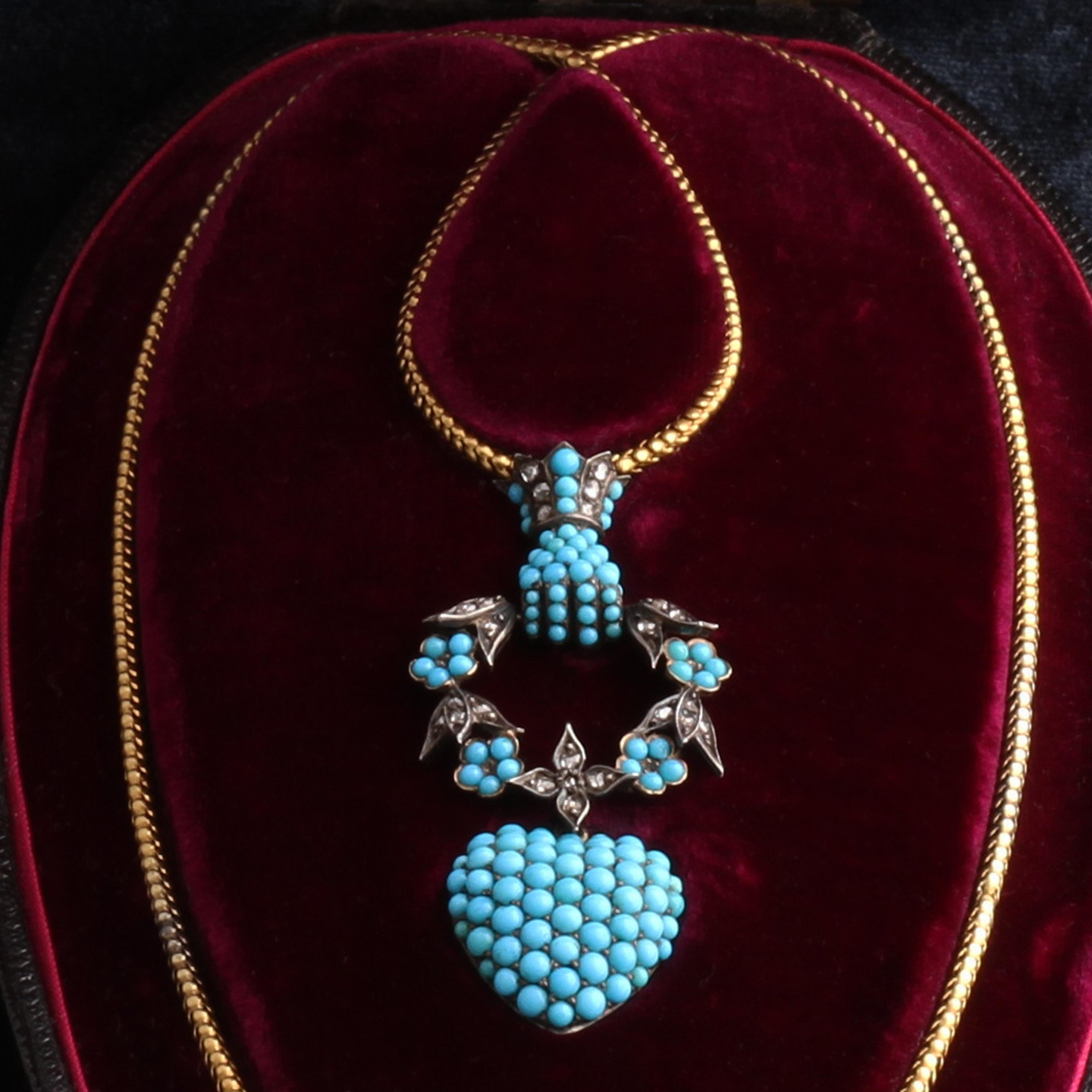 Detail of Victorian Turquoise and Diamond Hand Grasping Wreath and Heart Locket in Original Box