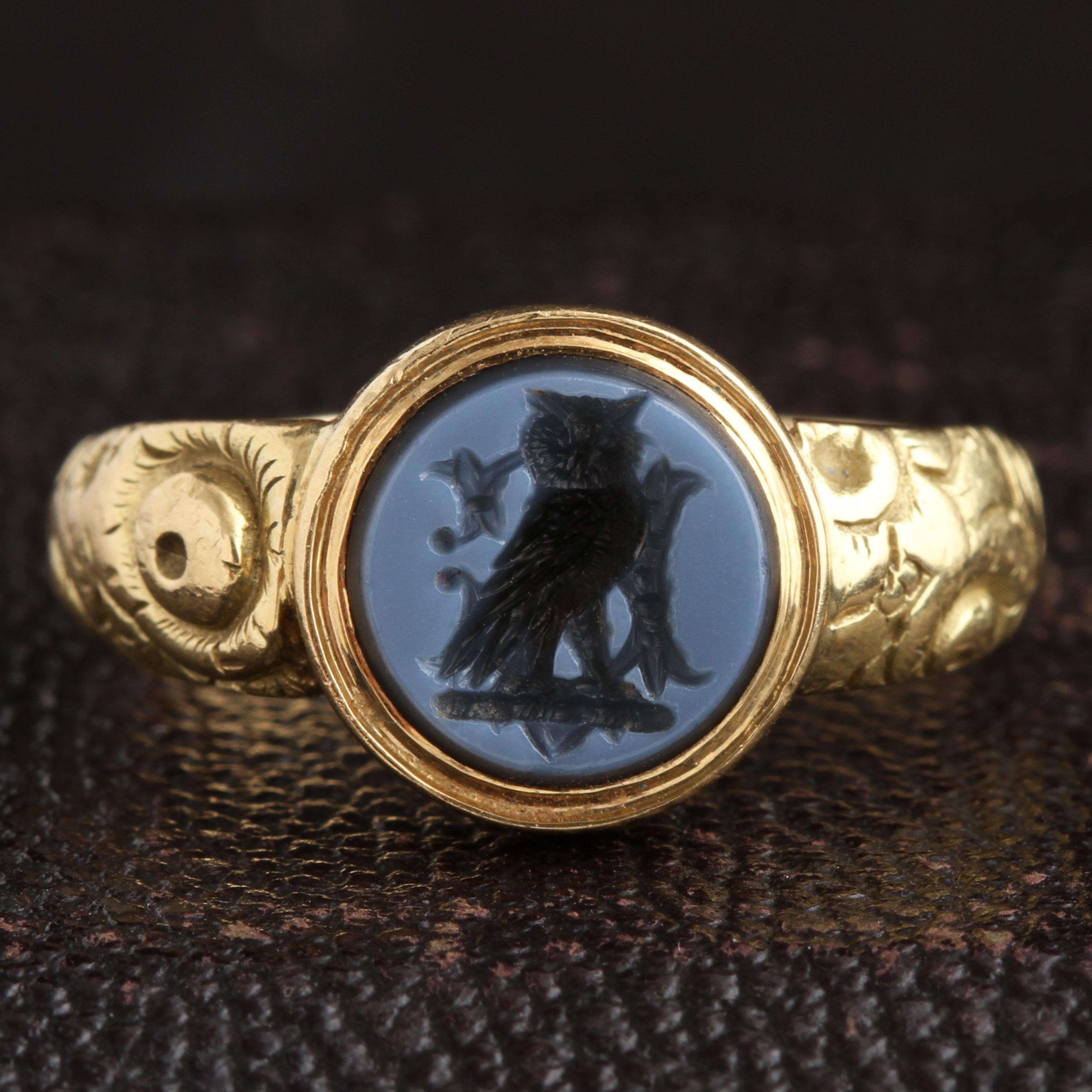 Detail of Georgian Nicolo Intaglio Owl Ring