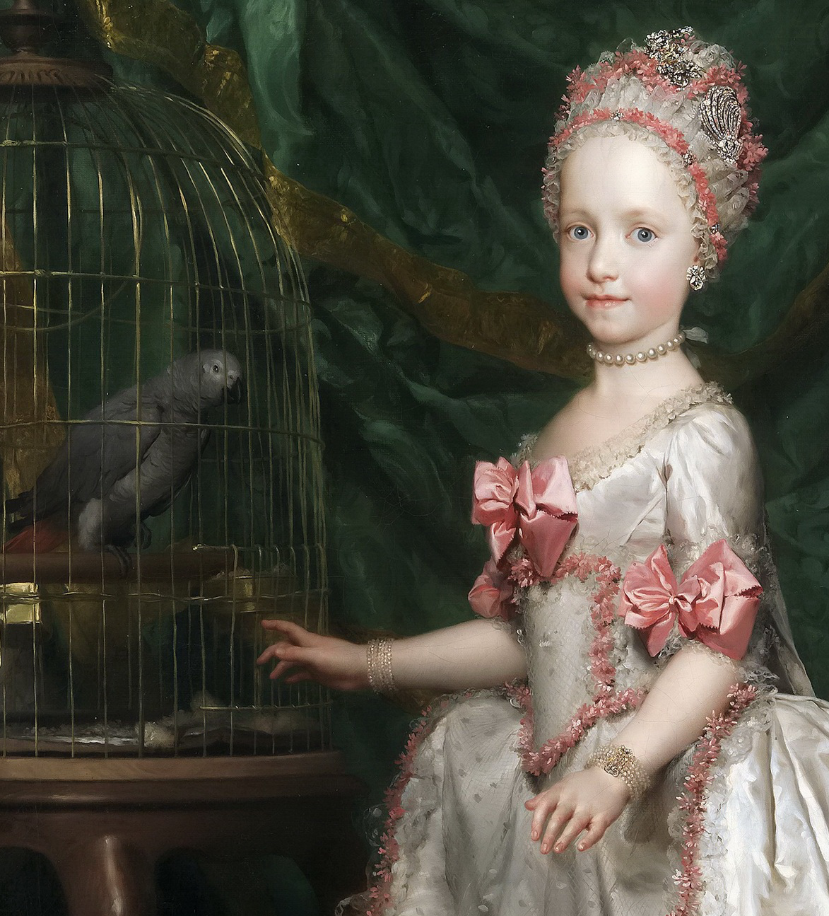 Three-year-old Archduchess María Teresa of Austria (niece of Marie Antoinette) with her caged parrot by Anton Rafael Mengs, 1771. Museo del Prado. 