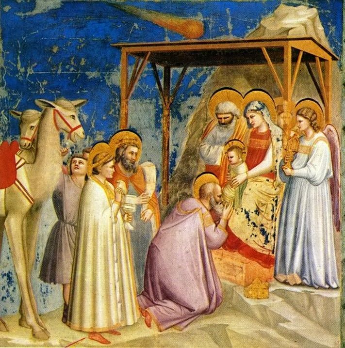 Painting of the adoration of the magi with halley's comet depicted in the sky.