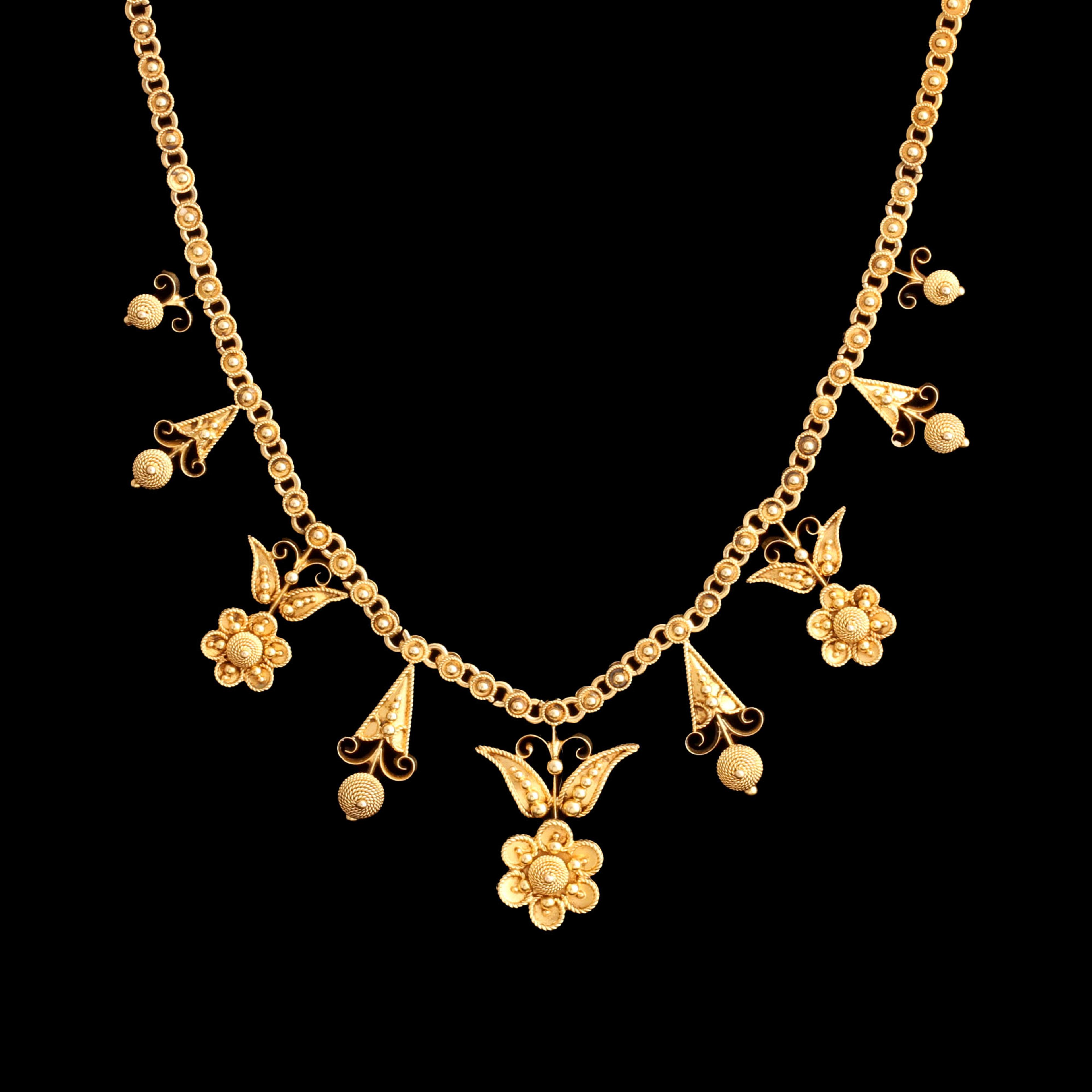 Etruscan Revival Floral Fringe Necklace