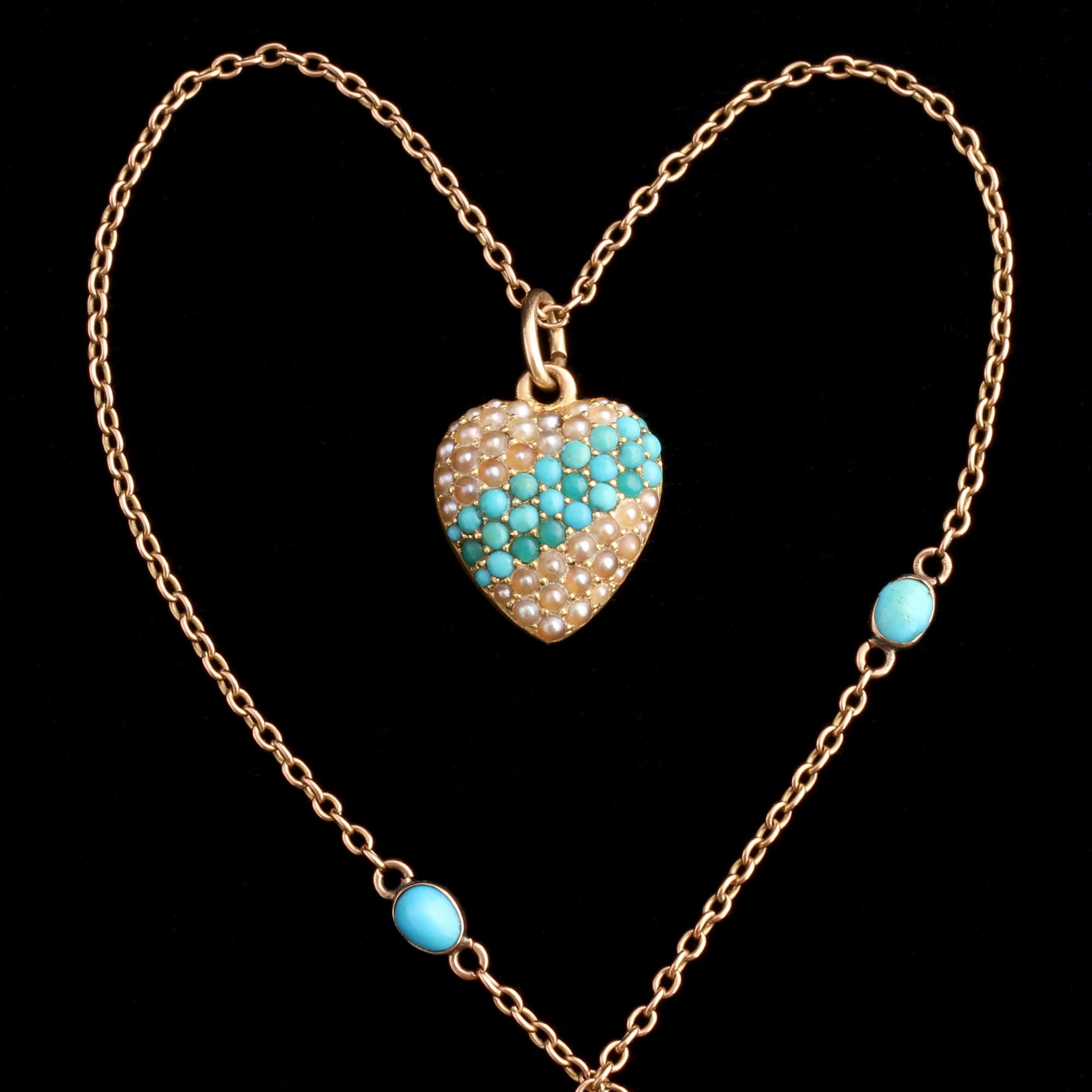 Victorian Pearl & Turquoise Heart Locket & Chain