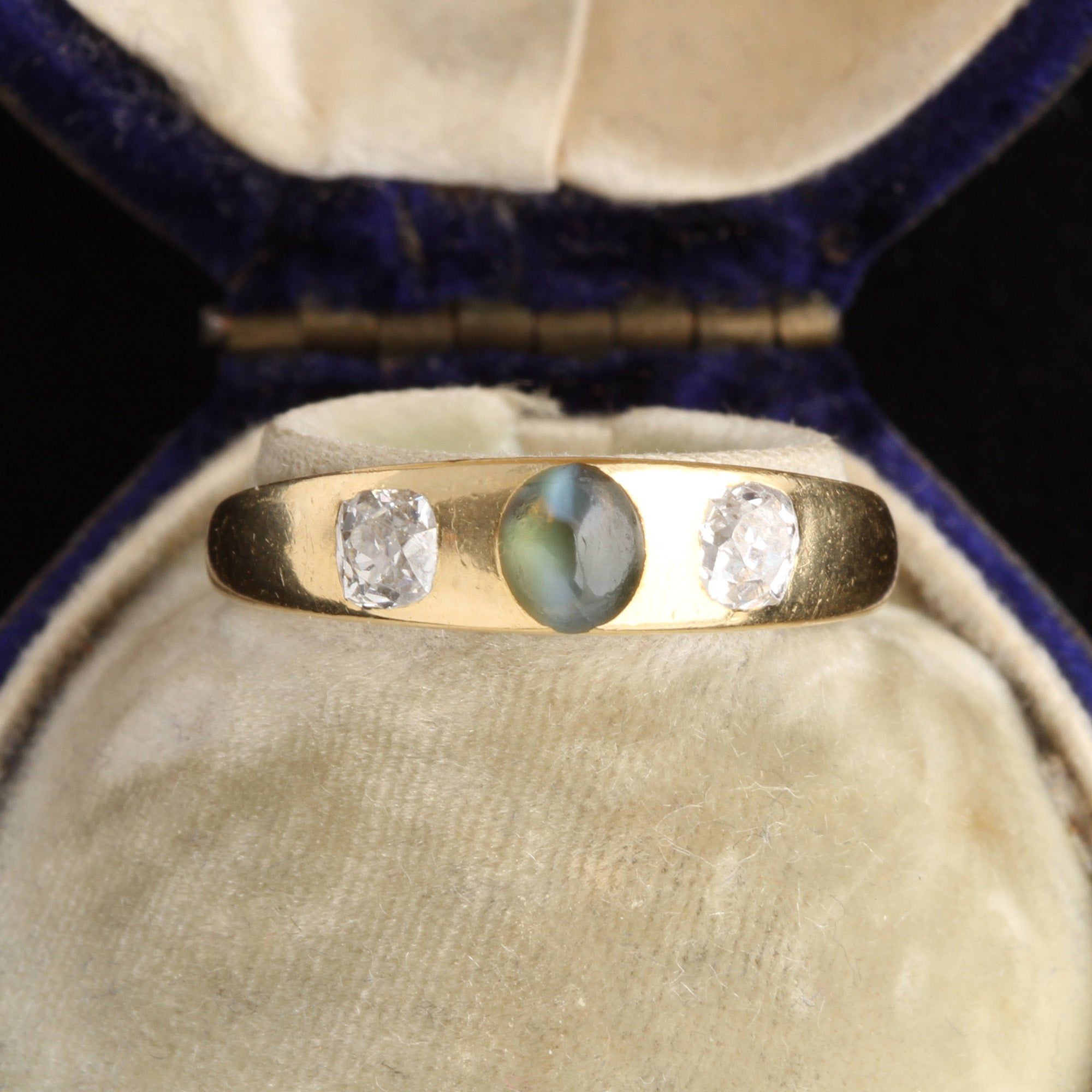 Victorian Cat's Eye Chrysoberyl & Diamond 3 Stone Ring