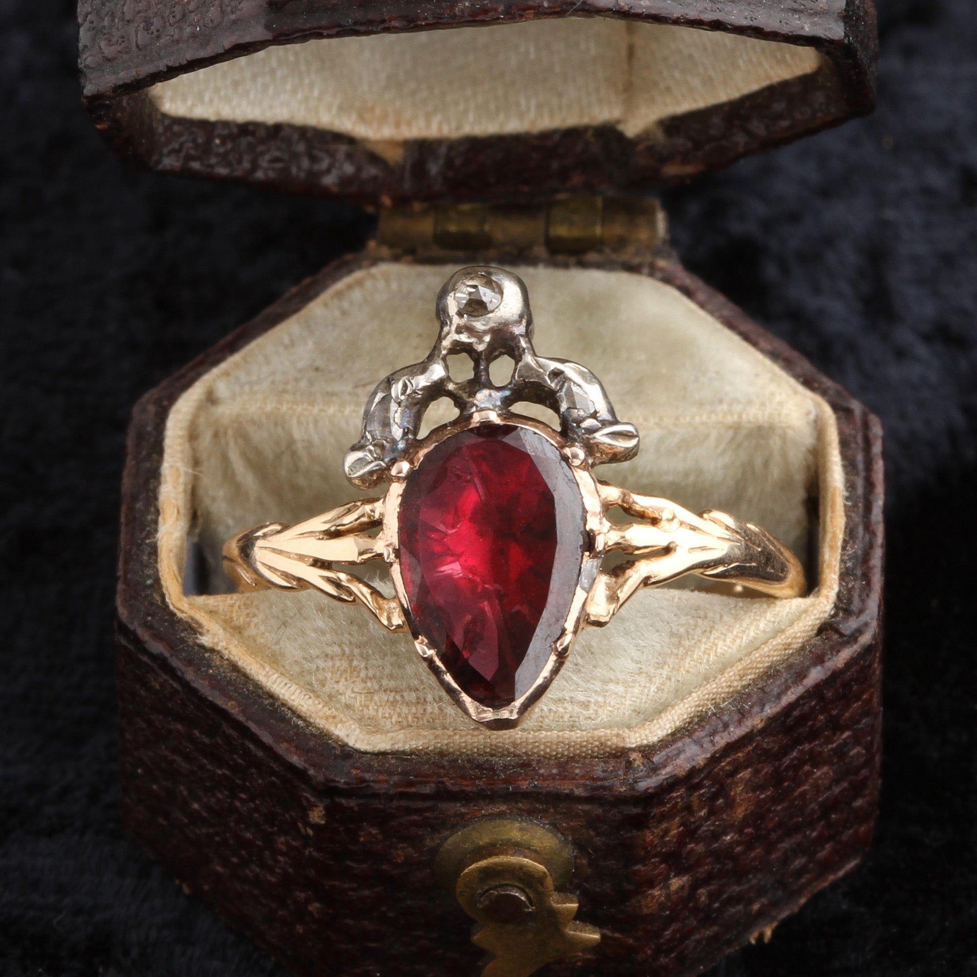 Detail of Georgian Garnet & Diamond Crowned Heart Ring