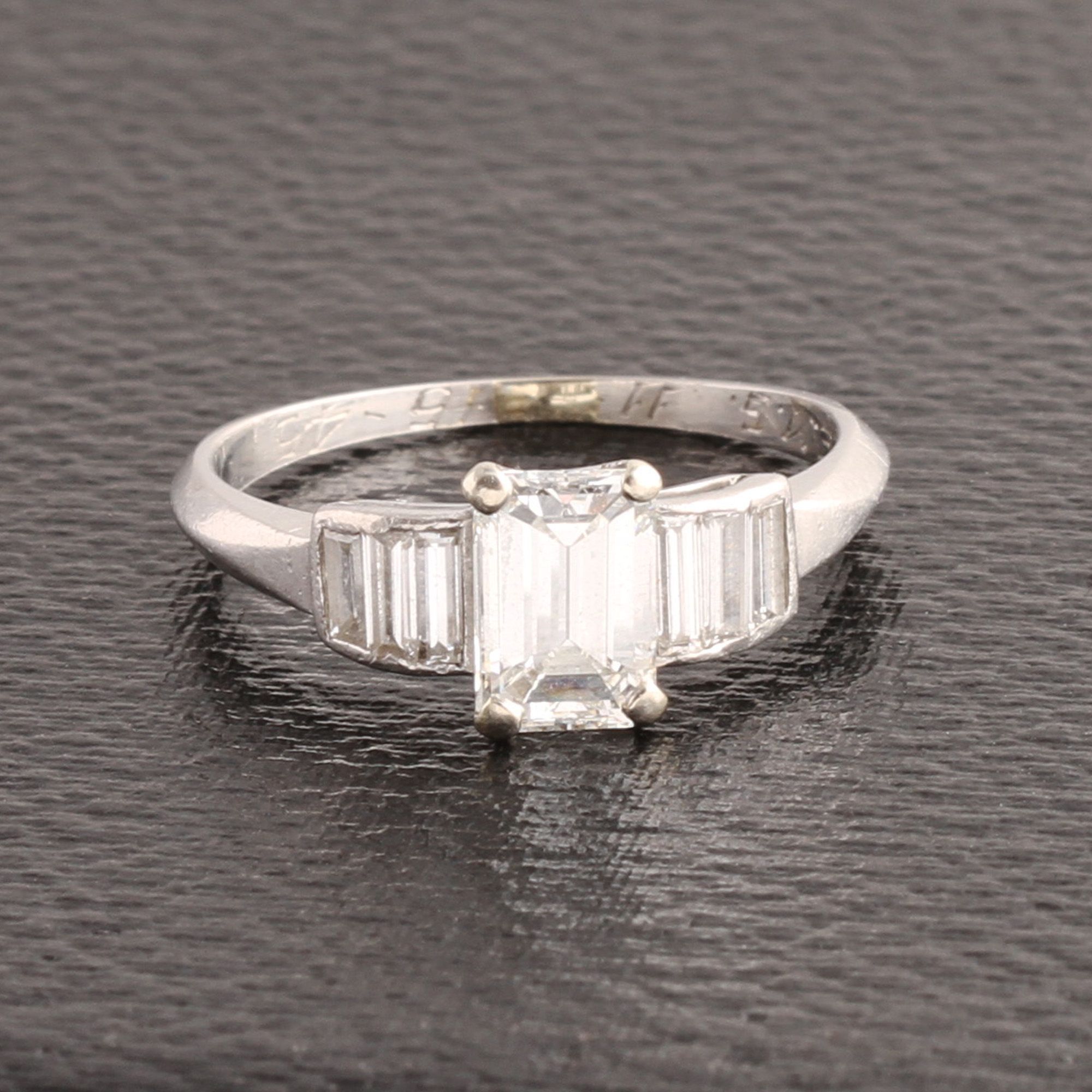 1940s 1ct Emerald Cut Engagement Ring with Baguette Diamond Shoulders
