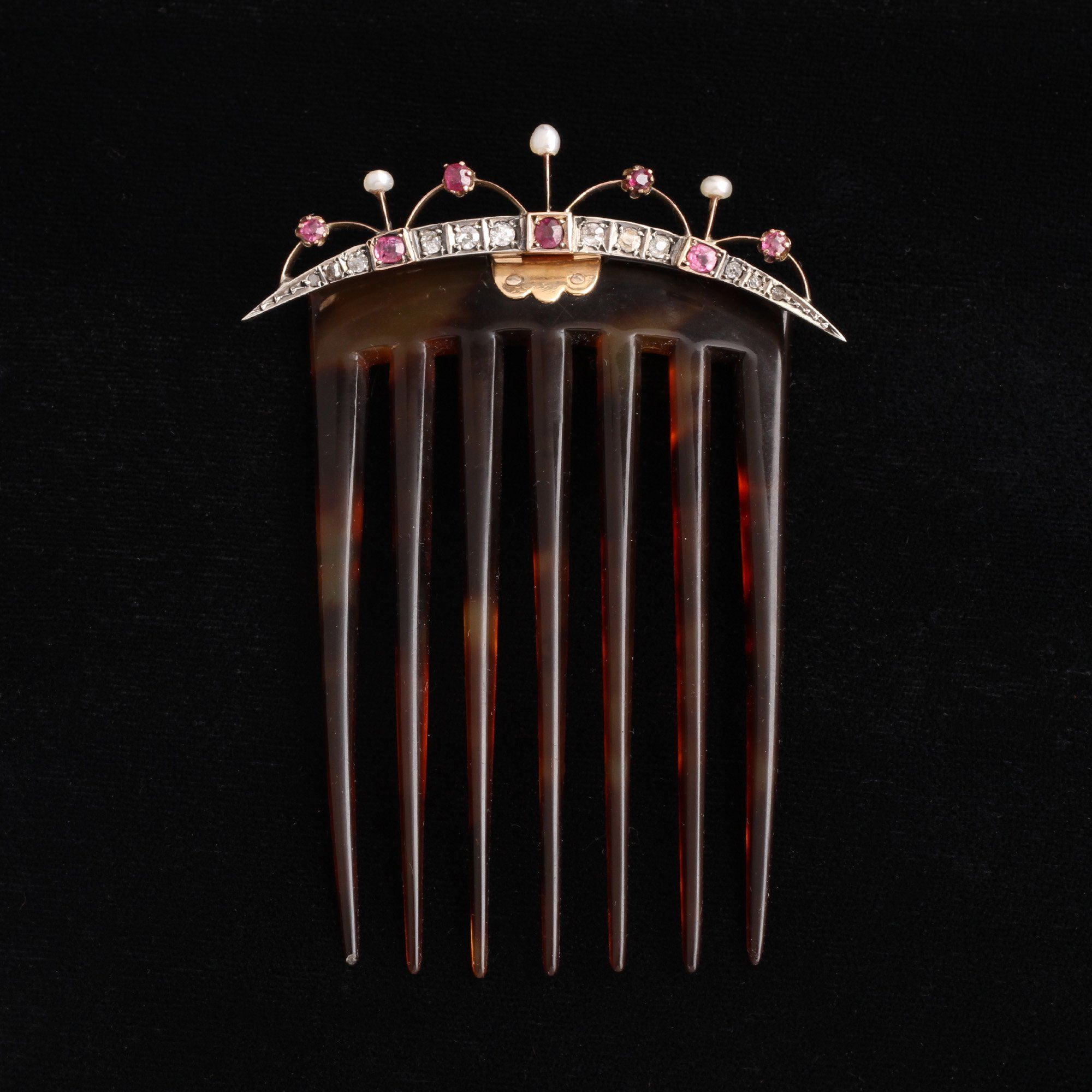 Victorian Ruby, Diamond & Pearl Comb in Original Box