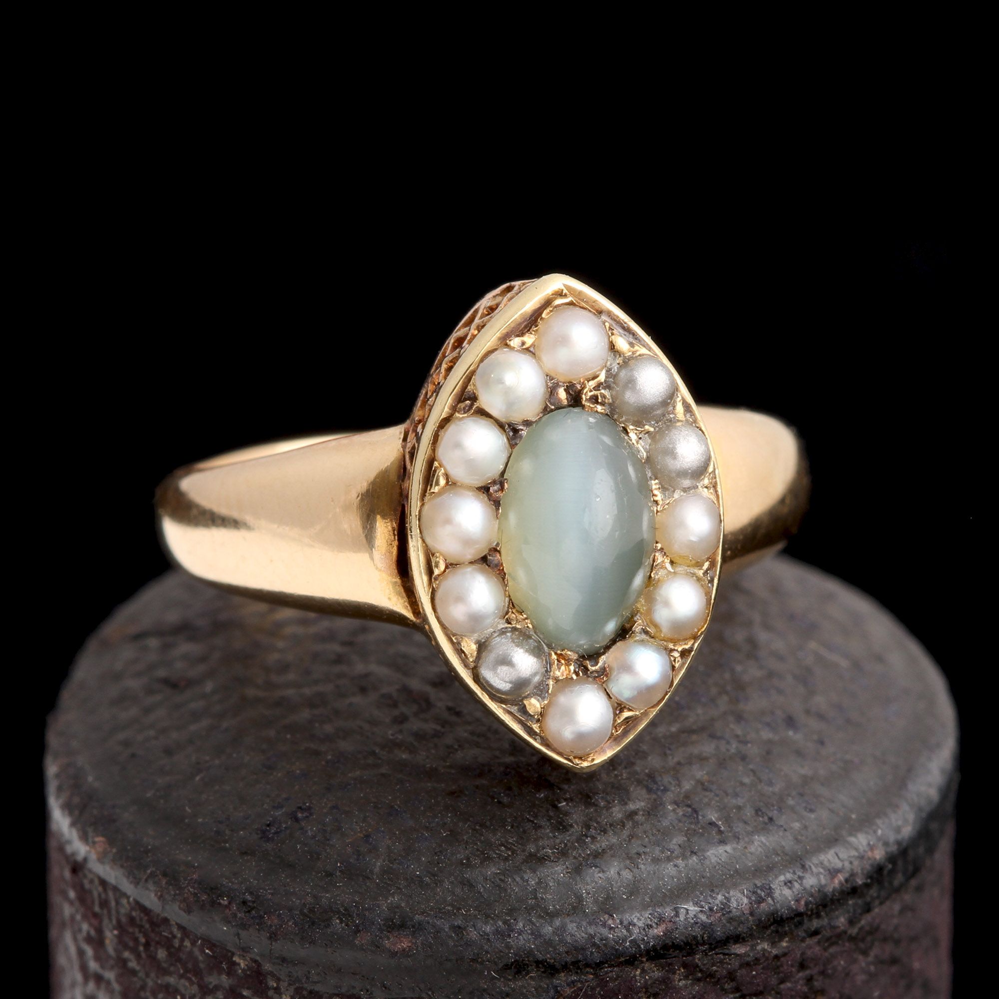 Victorian Cat's Eye Chrysoberyl & Pearl Cluster Ring