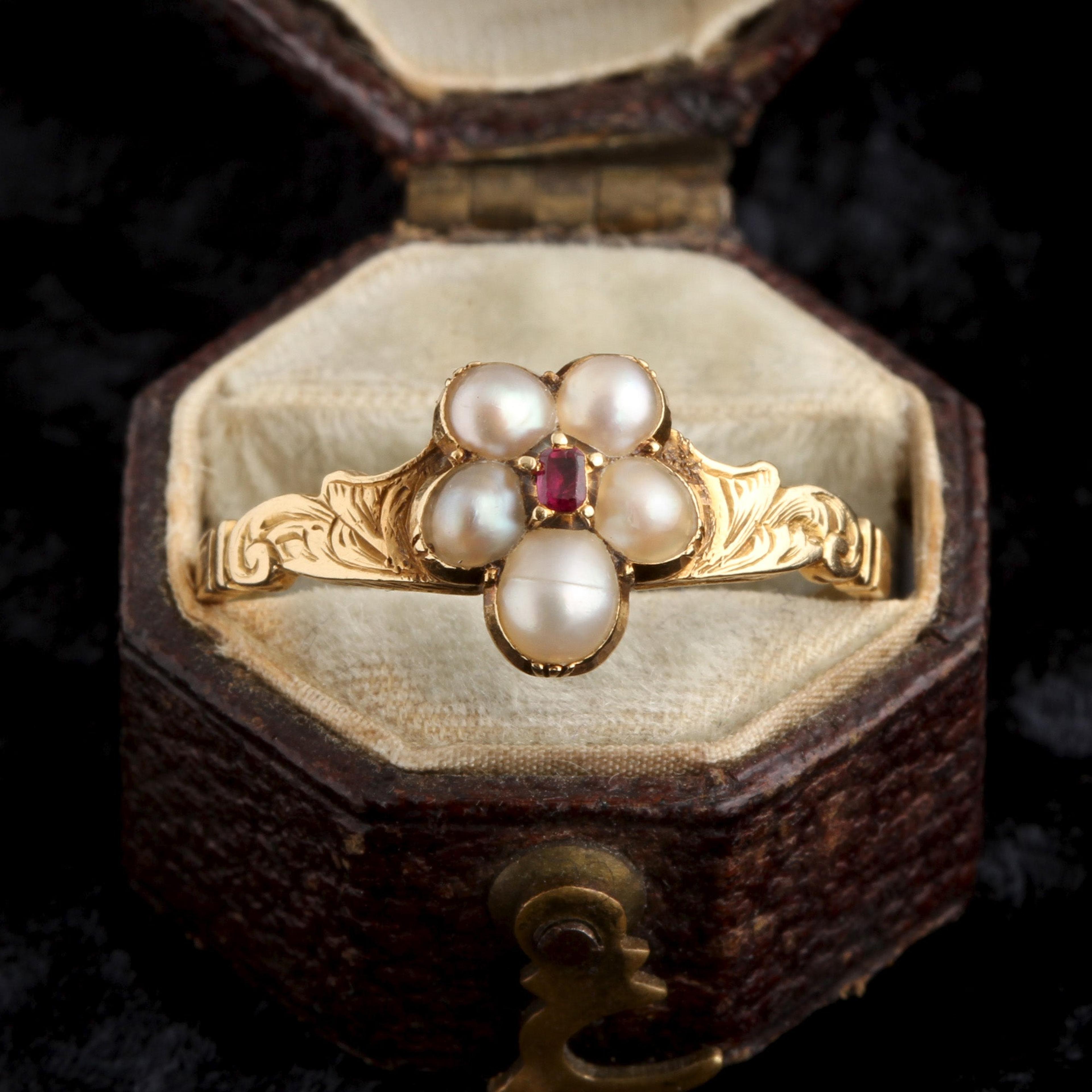 Victorian Ruby & Pearl Pansy Ring