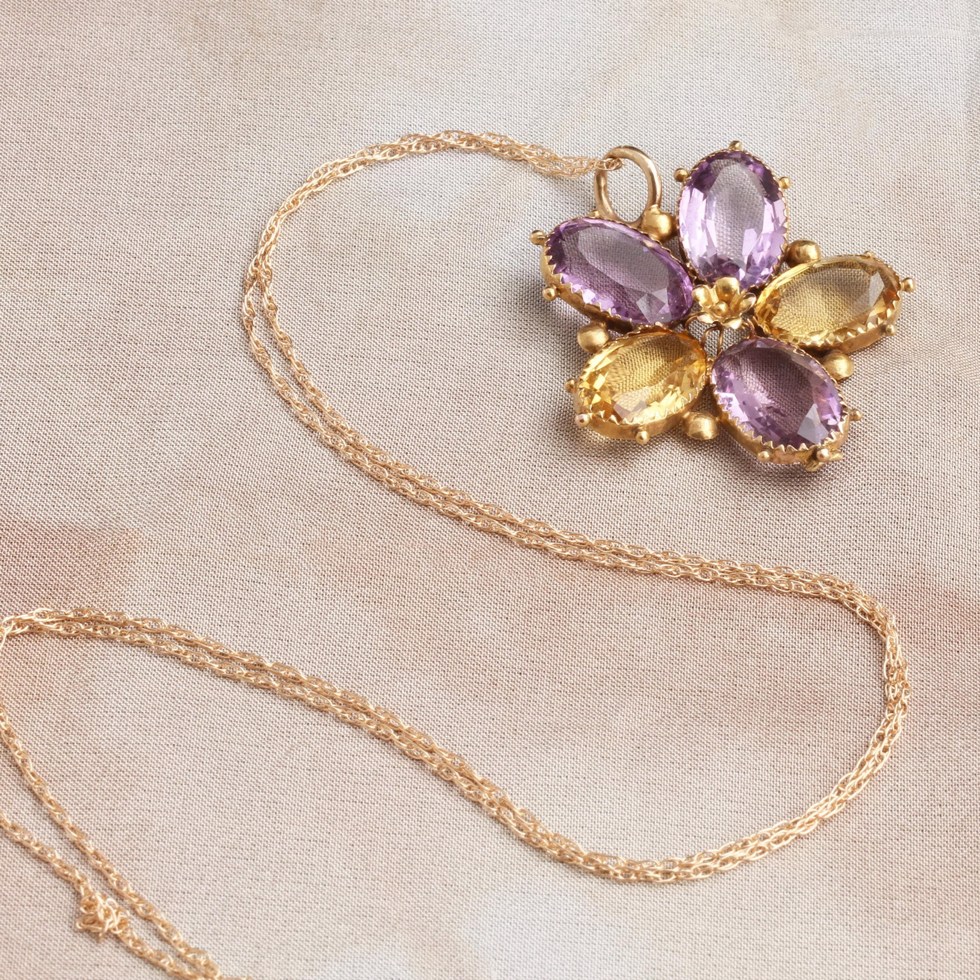 Detail of Victorian Amethyst and Citrine Pansy Pendant