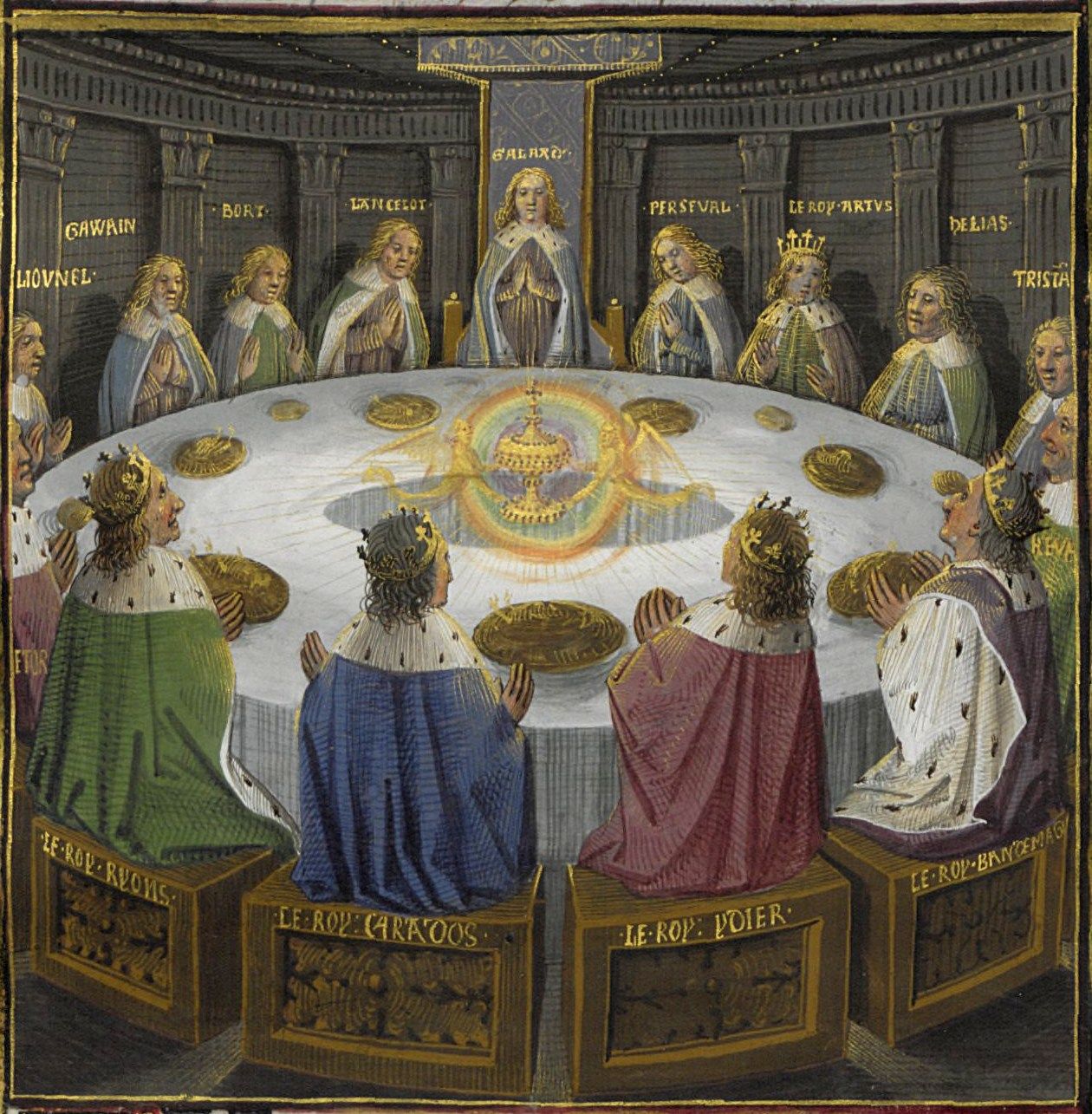 An illustration of King Arthur’s knights at the round table seeing a vision of the holy grail