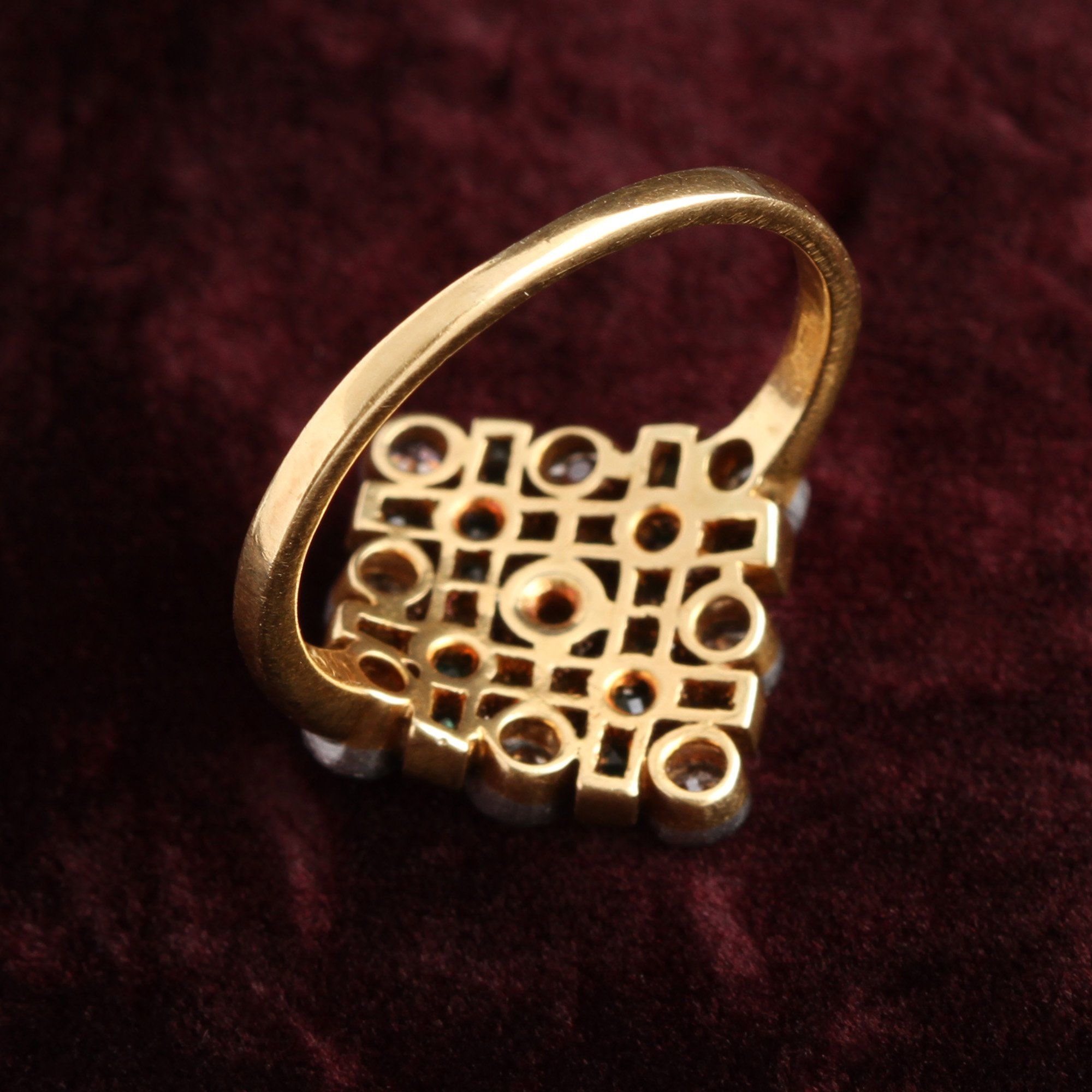 Art Deco Emerald and Diamond Tic Tac Toe Cocktail Ring