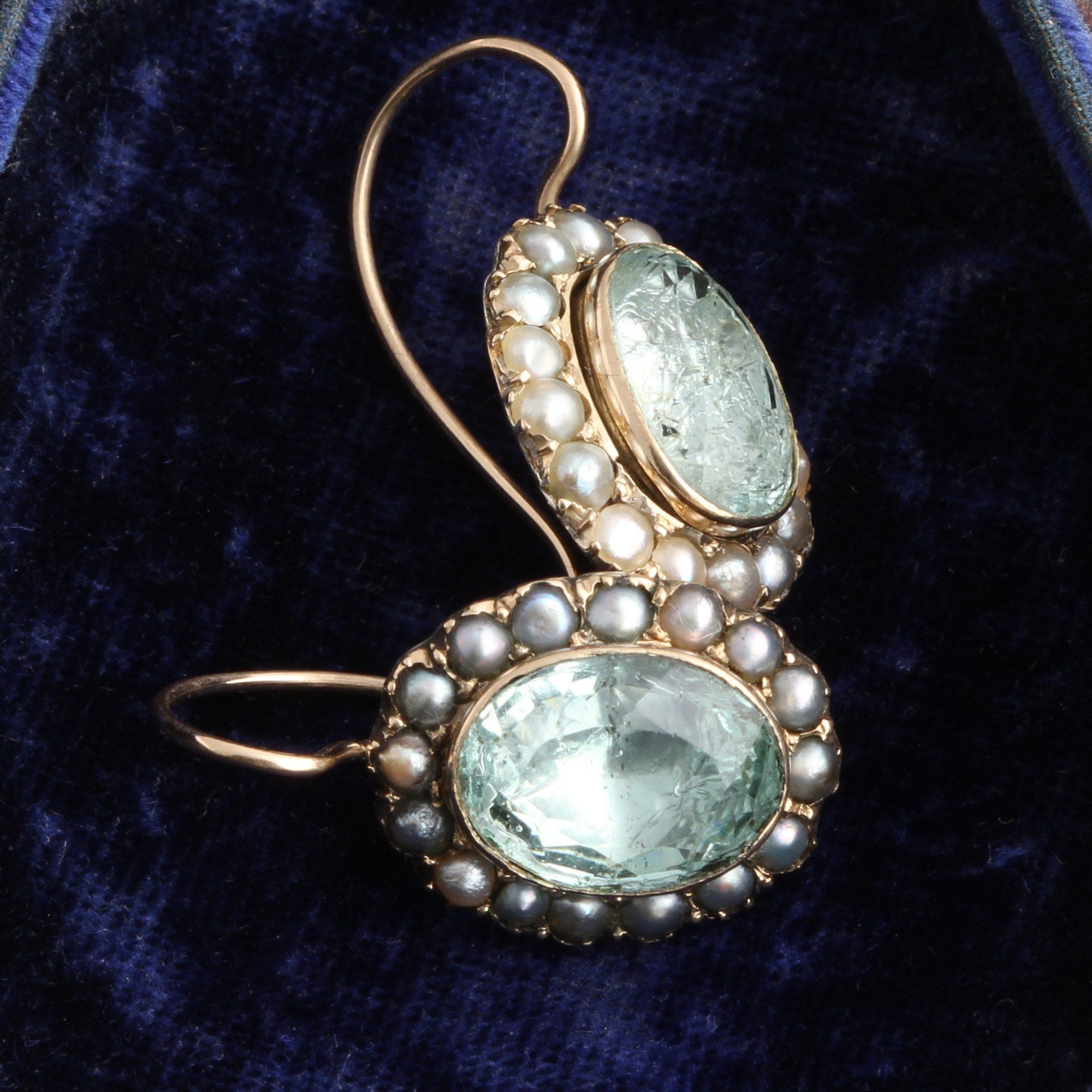 Georgian Aquamarine & Pearl Cluster Earrings