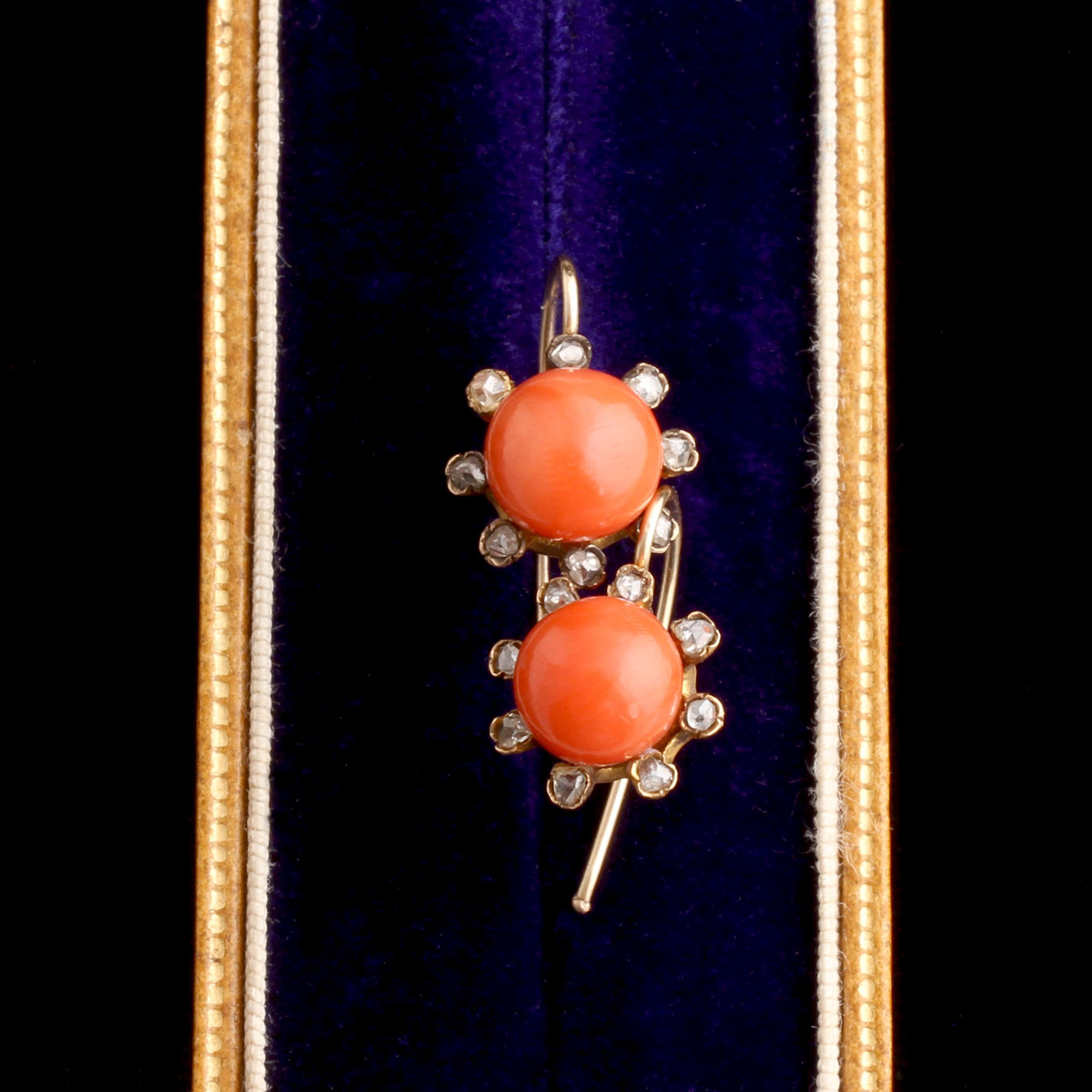 Victorian Coral & Diamond Cluster Earrings 