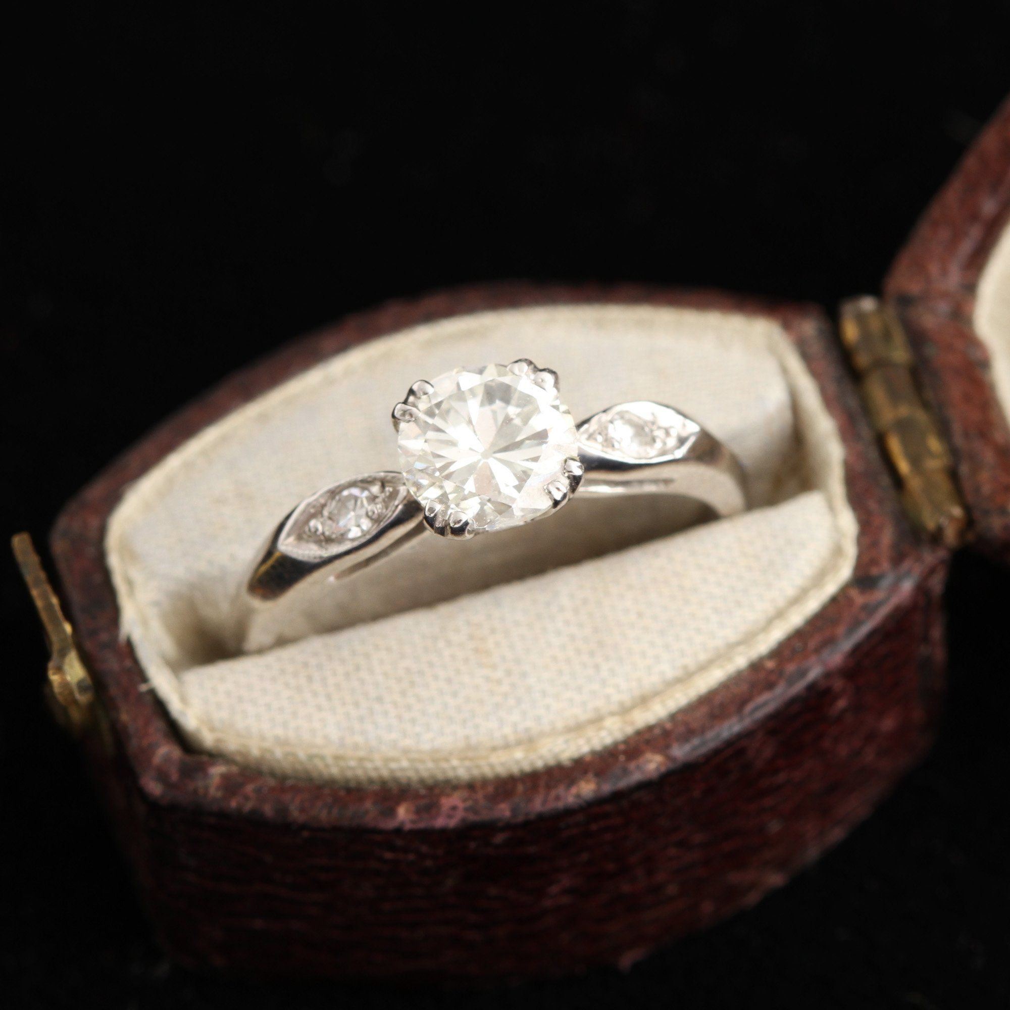 Platinum .84ct Old European Cut Diamond Engagement Ring with Petal Shoulders