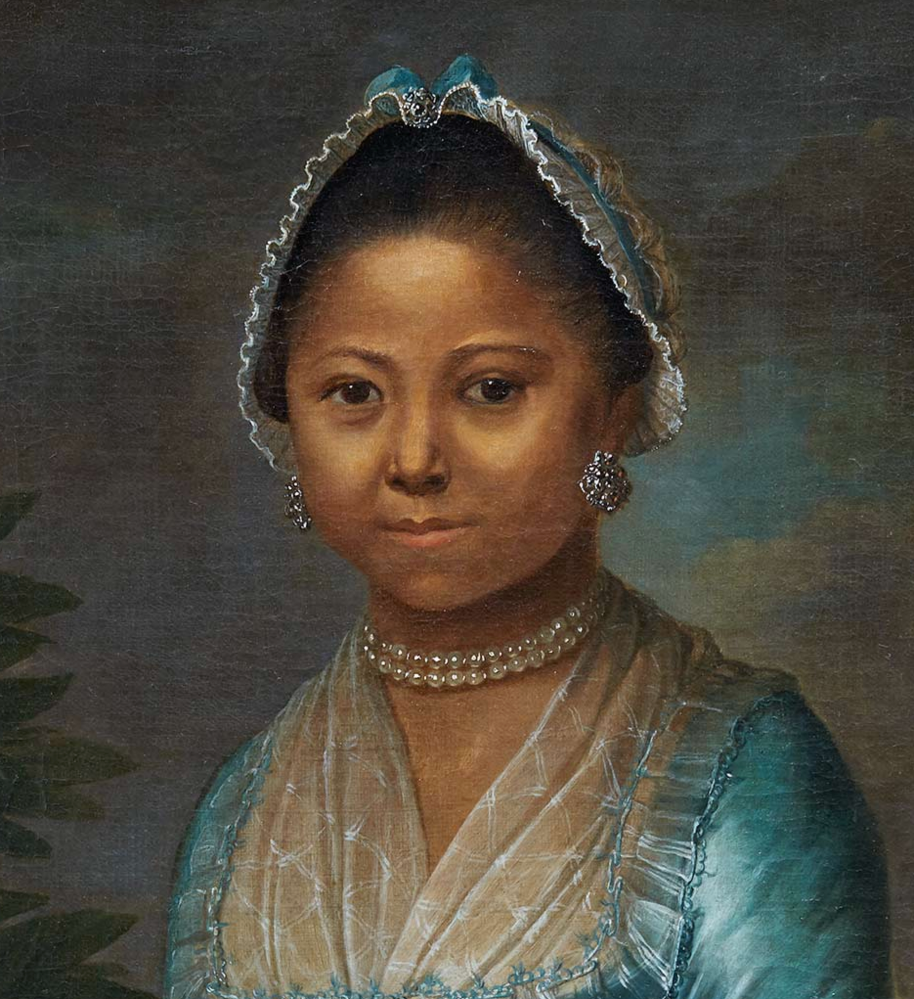 Example of 18th century cut-steel earrings. This painting was acquired by the Art Gallery of Ontario in 2020. It is notable as one of the few portraits of an 18th century young woman of color.  Detail of Portrait of a Lady Holding an Orange Blossom, unknown, mid-18th century. 