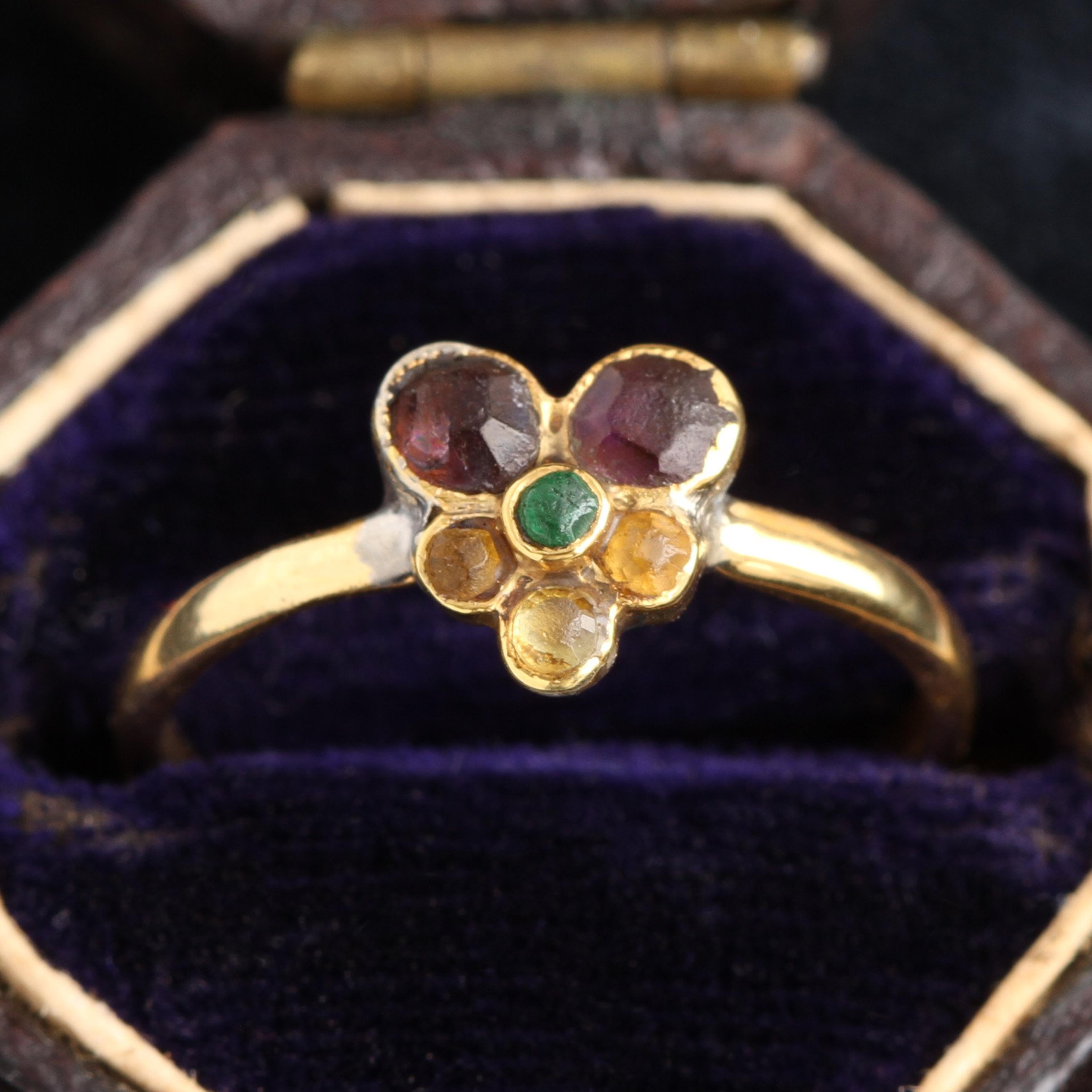 French Amethyst, Emerald and Citrine Pansy Ring