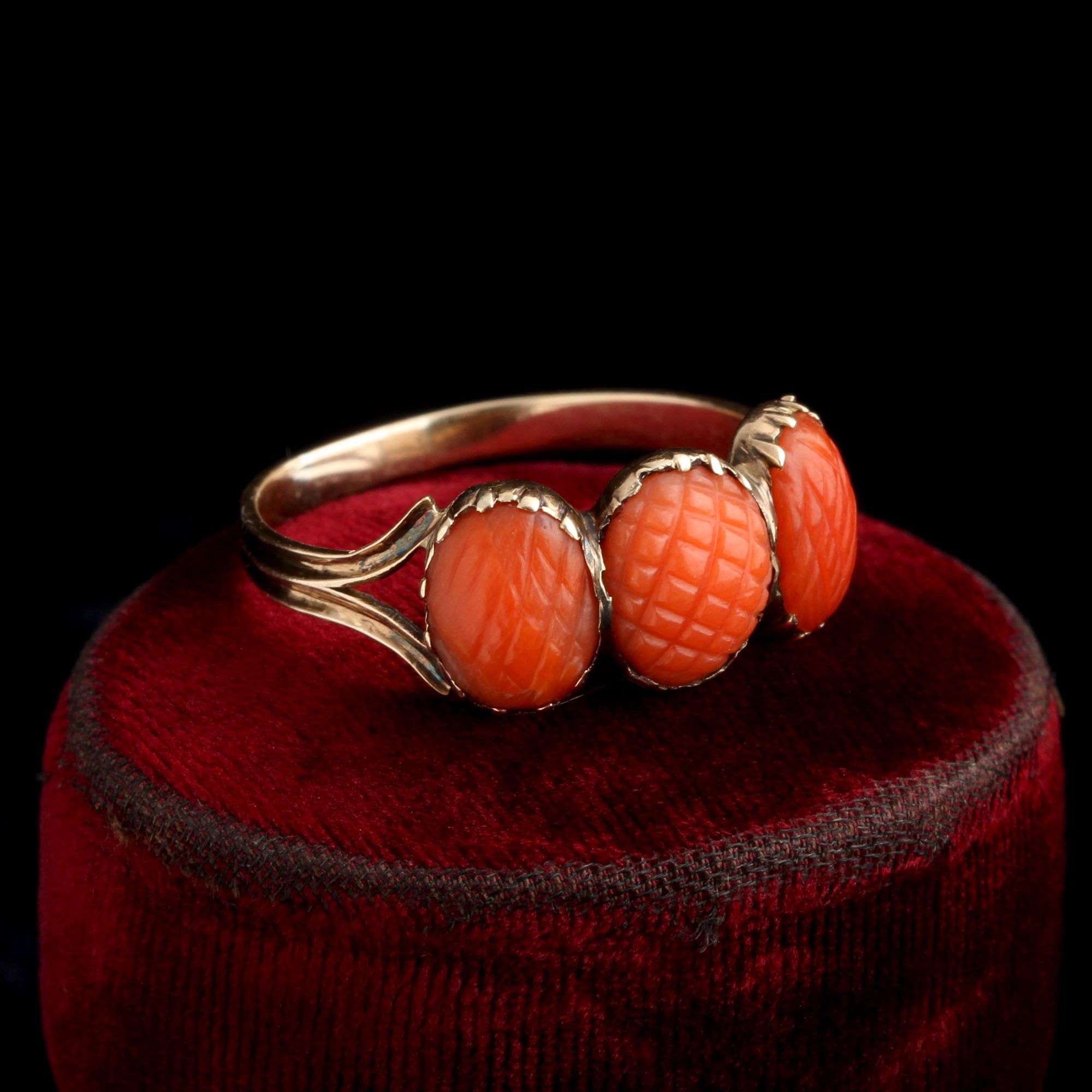 Georgian Pineapple Carved Coral Three Stone Ring