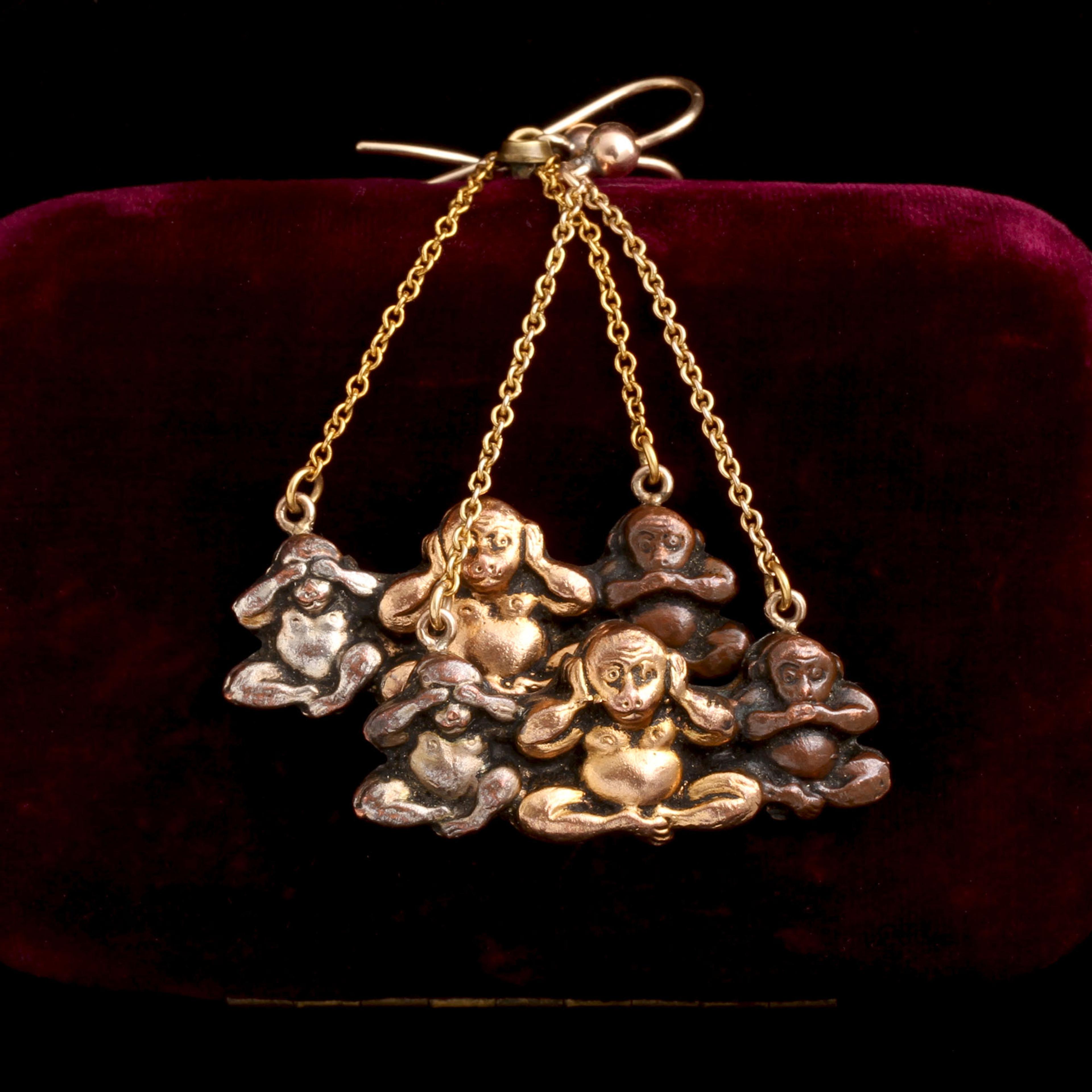 Victorian See, Hear, Speak No Evil Shakudo Monkey Earrings